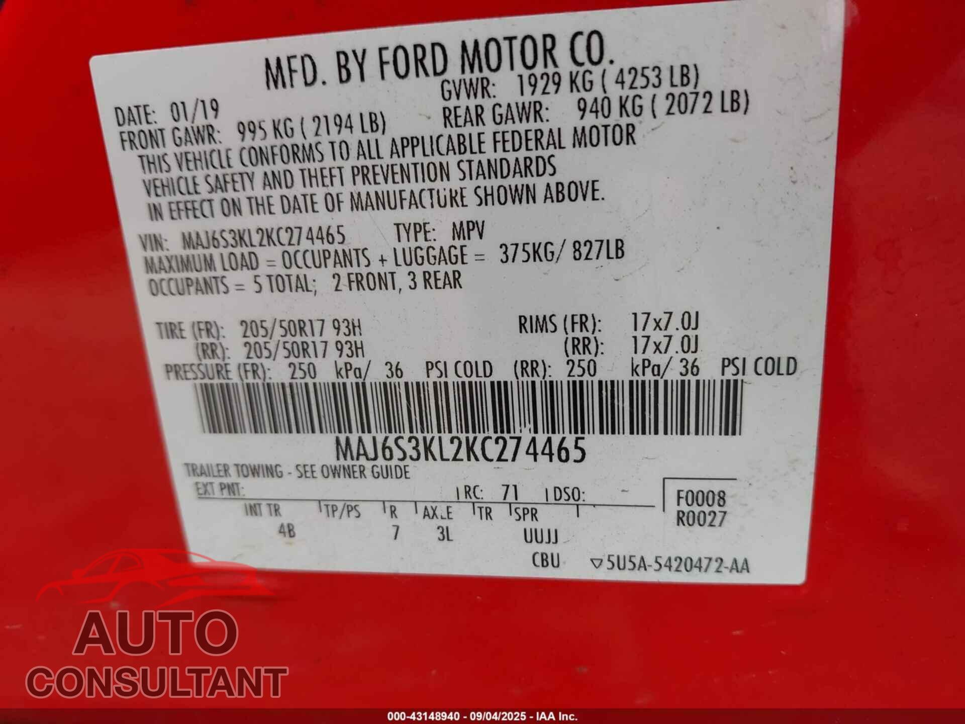 FORD ECOSPORT 2019 - MAJ6S3KL2KC274465