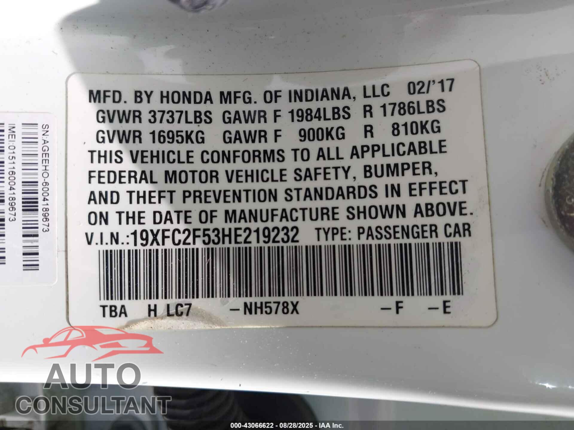 HONDA CIVIC 2017 - 19XFC2F53HE219232