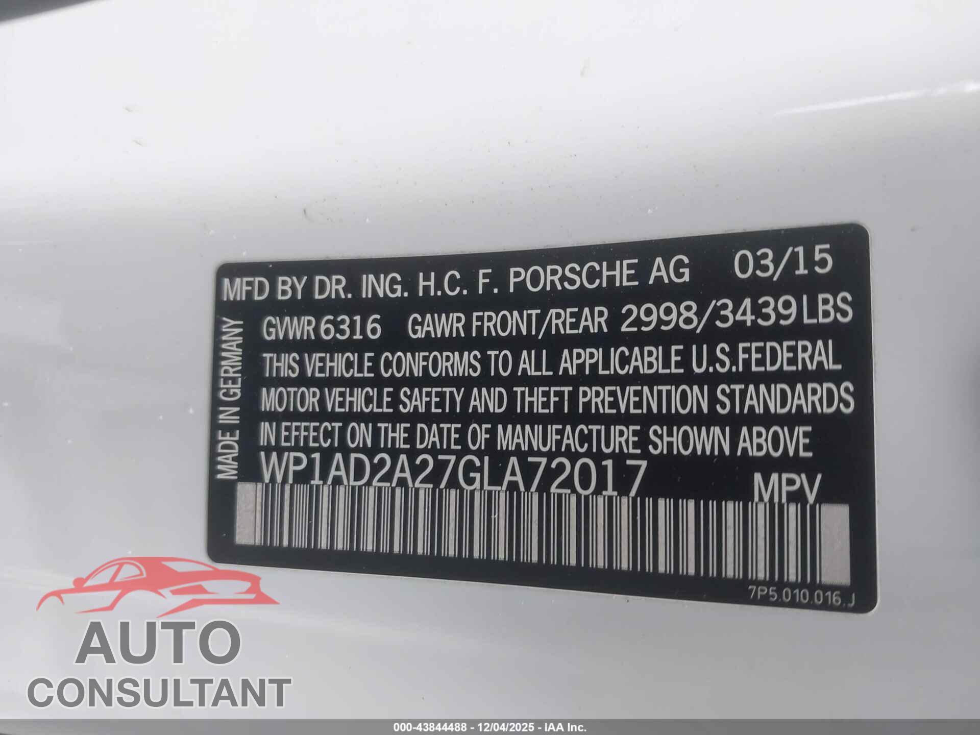 PORSCHE CAYENNE 2016 - WP1AD2A27GLA72017