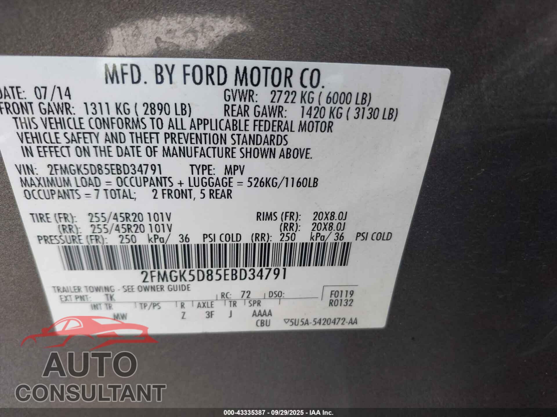 FORD FLEX 2014 - 2FMGK5D85EBD34791