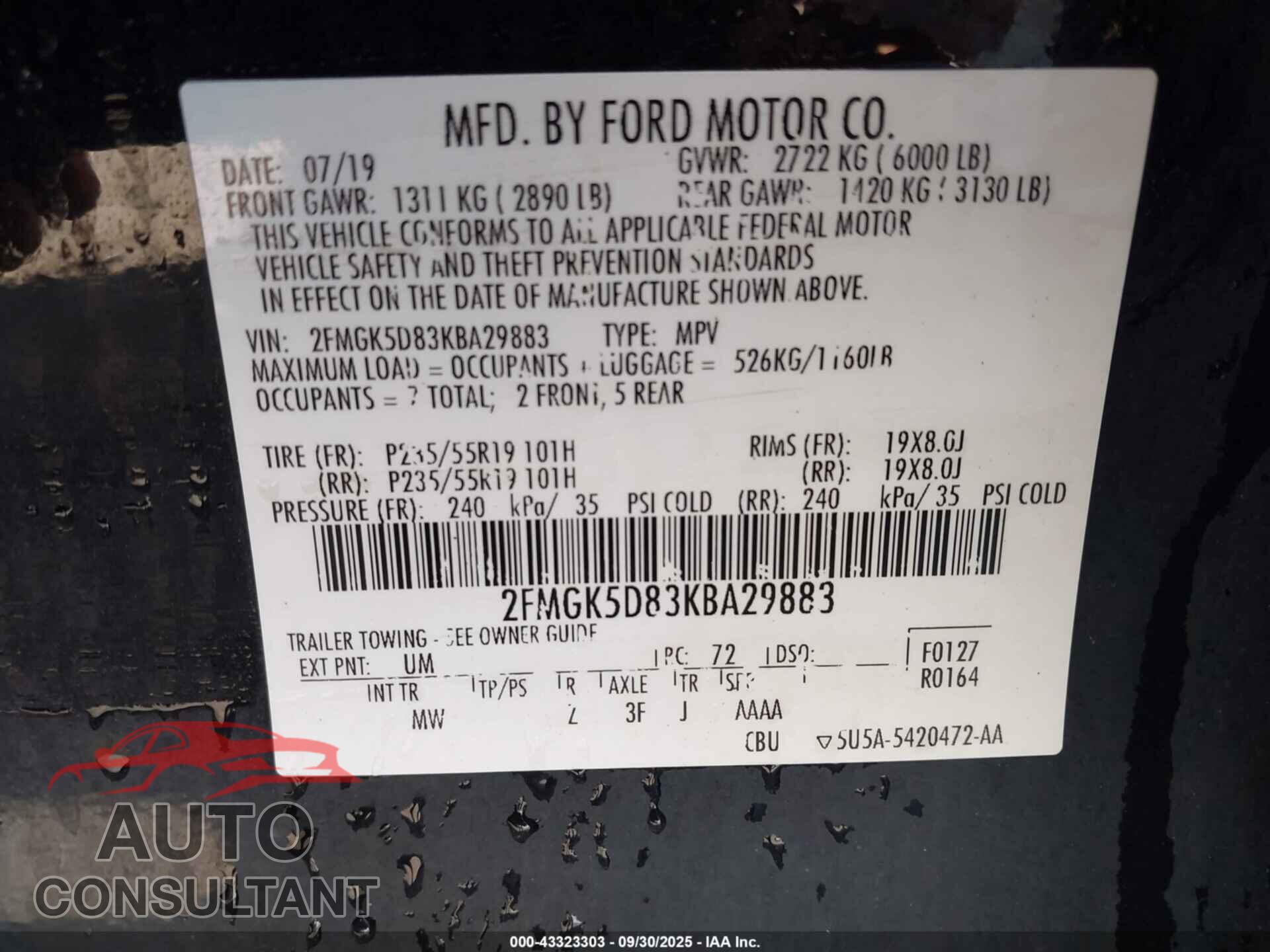 FORD FLEX 2019 - 2FMGK5D83KBA29883