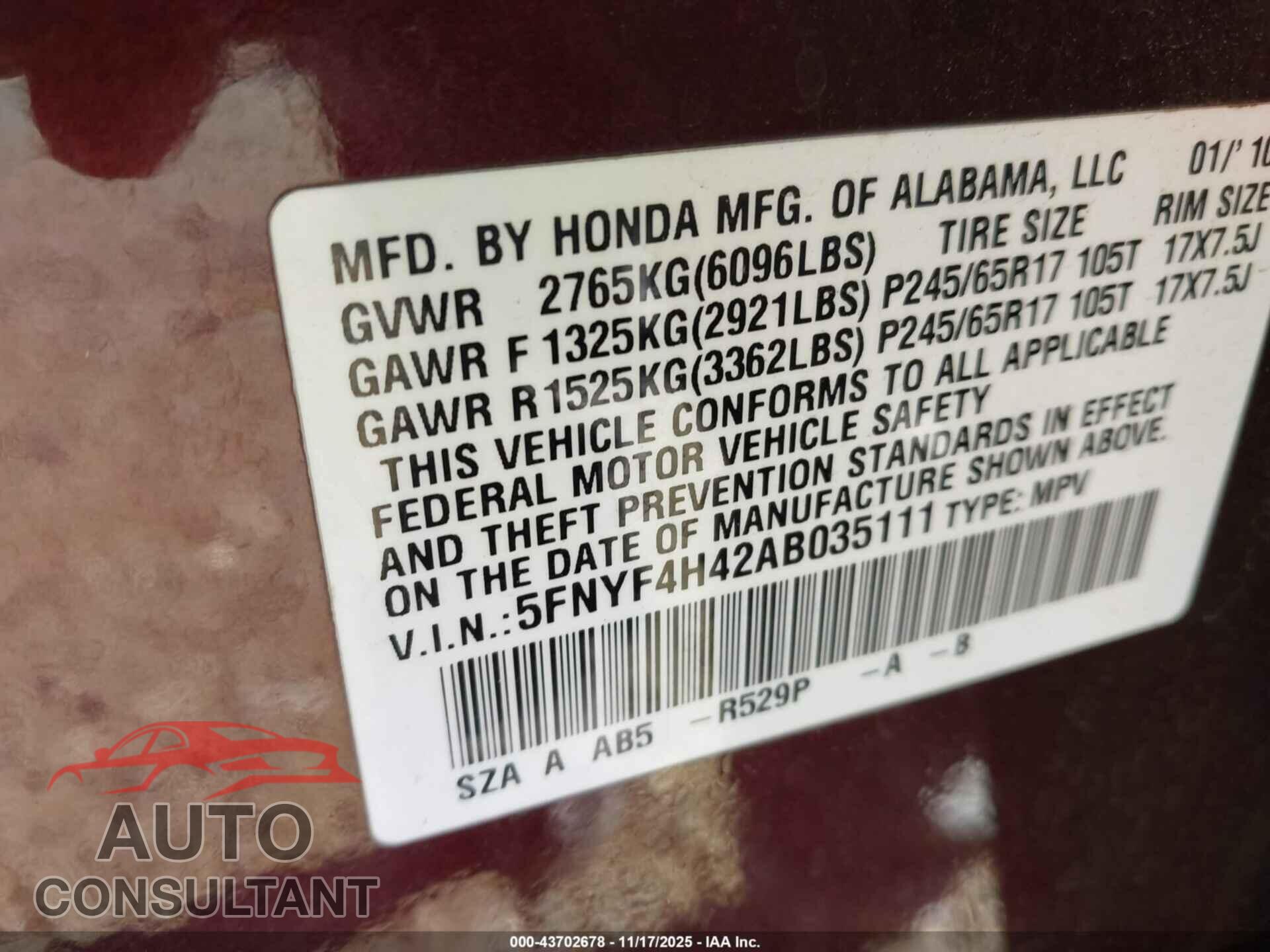 HONDA PILOT 2010 - 5FNYF4H42AB035111