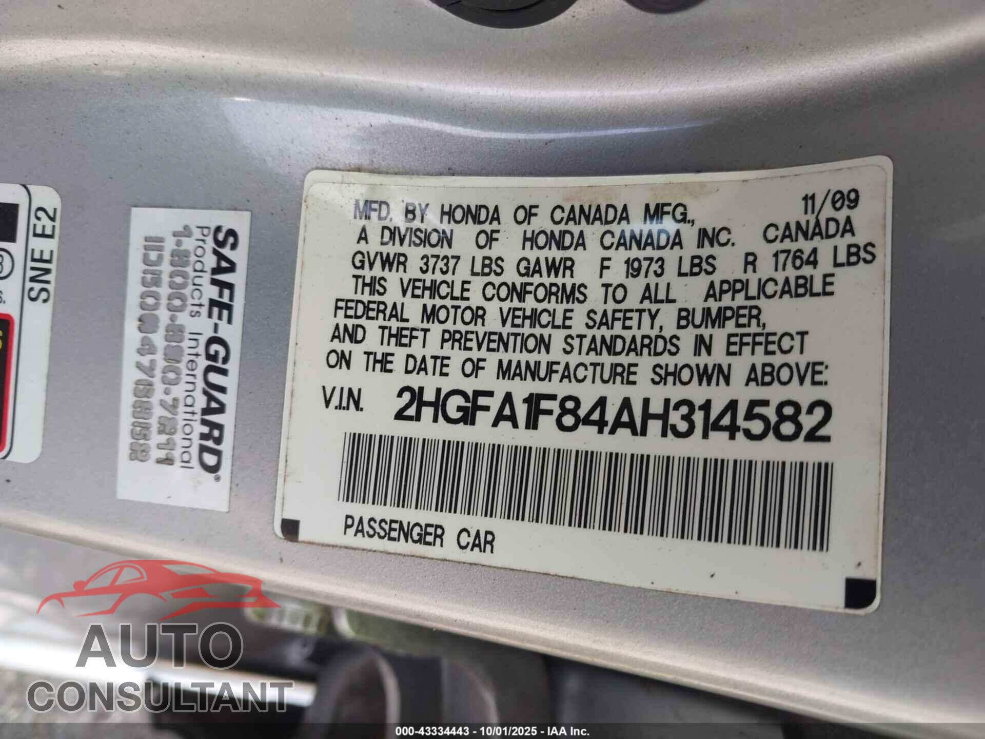 HONDA CIVIC 2010 - 2HGFA1F84AH314582