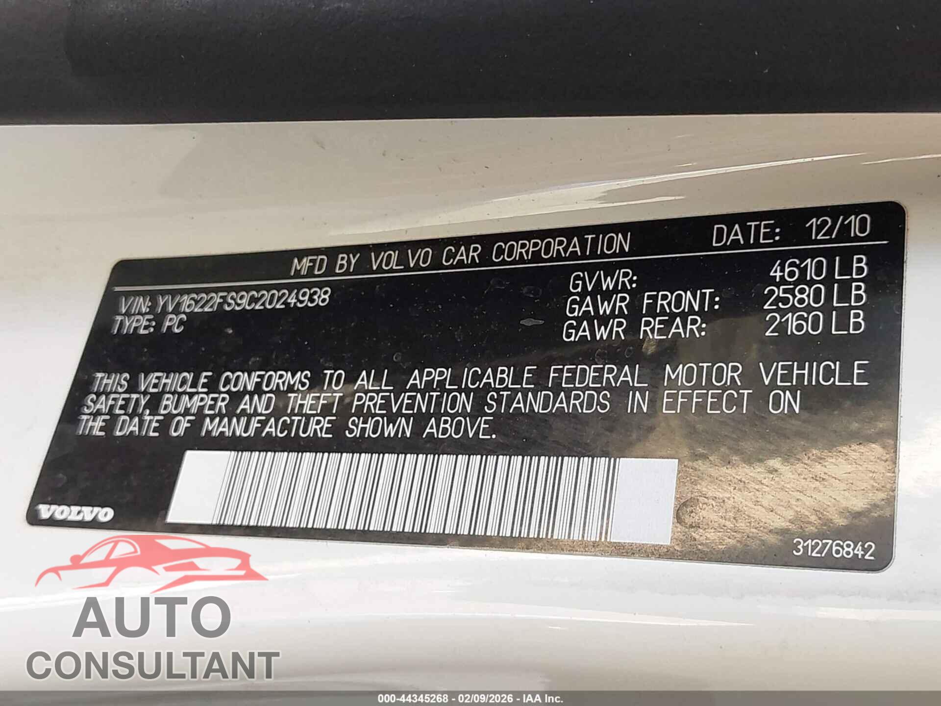 VOLVO S60 2012 - YV1622FS9C2024938