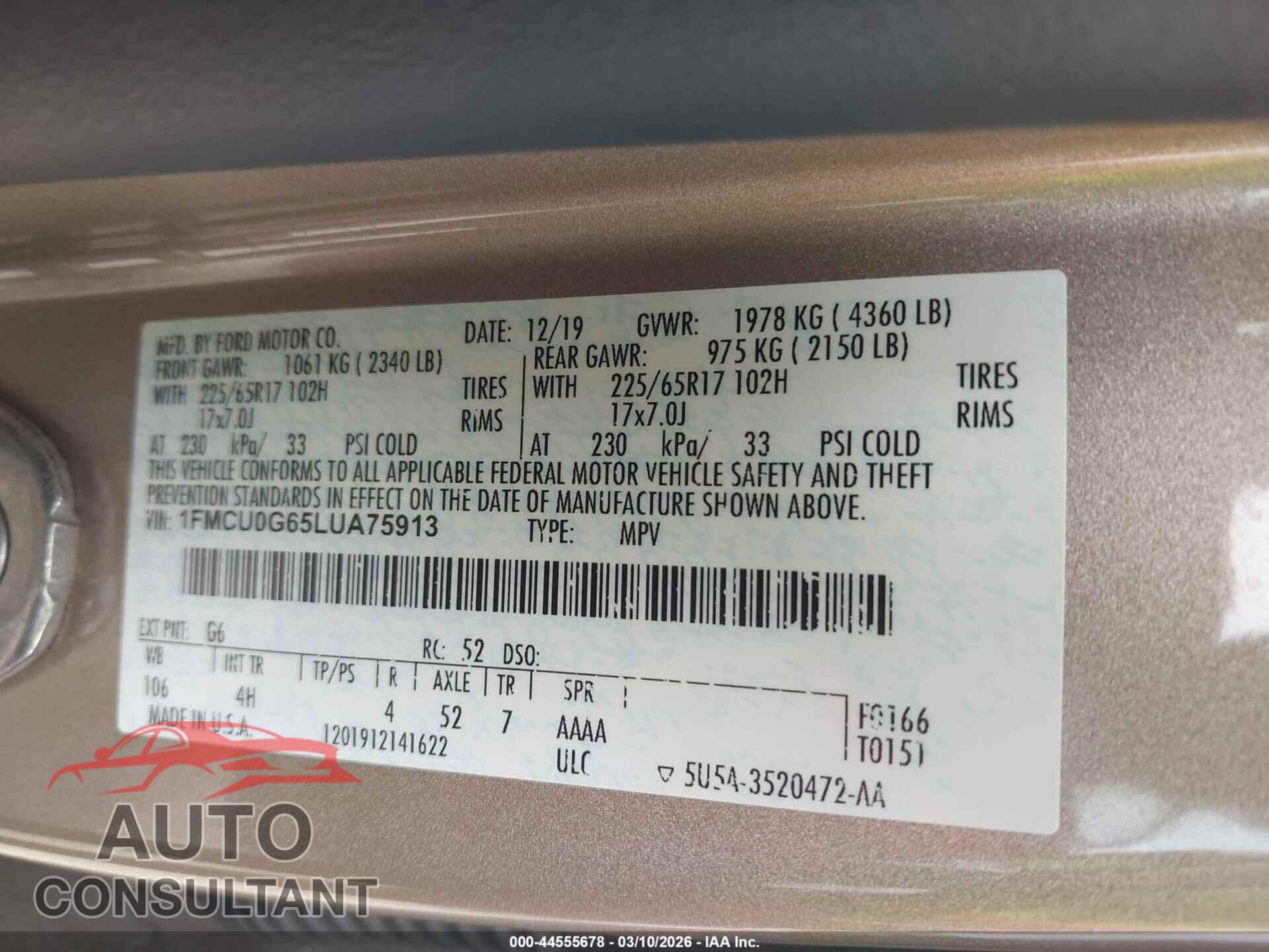 FORD ESCAPE 2020 - 1FMCU0G65LUA75913