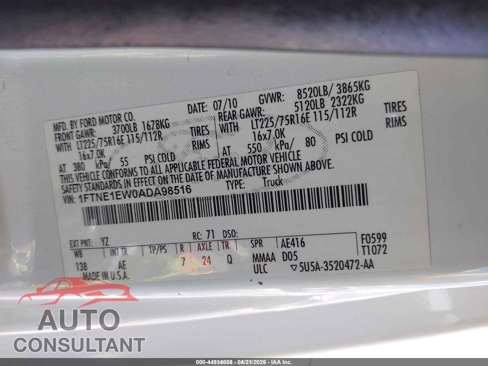 FORD E-150 2010 - 1FTNE1EW0ADA98516