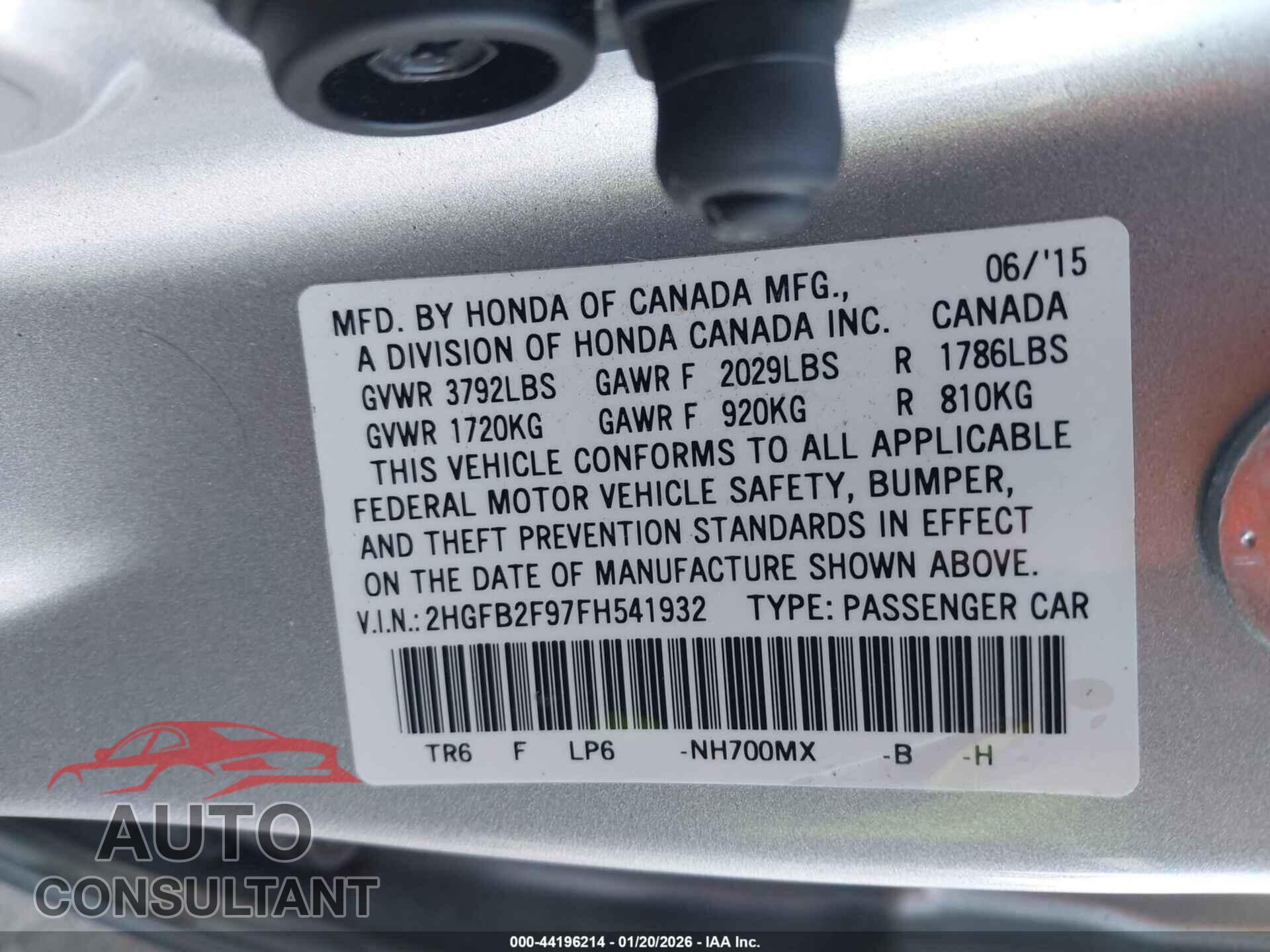 HONDA CIVIC 2015 - 2HGFB2F97FH541932