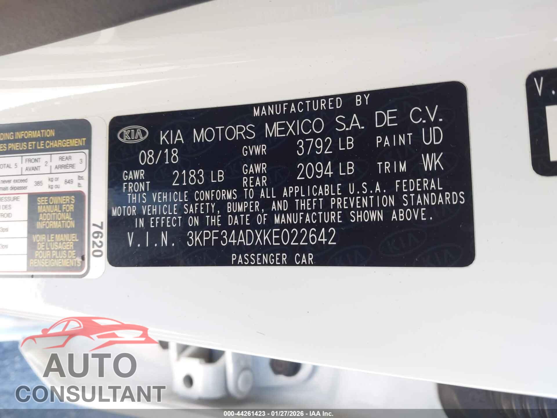 KIA FORTE 2019 - 3KPF34ADXKE022642