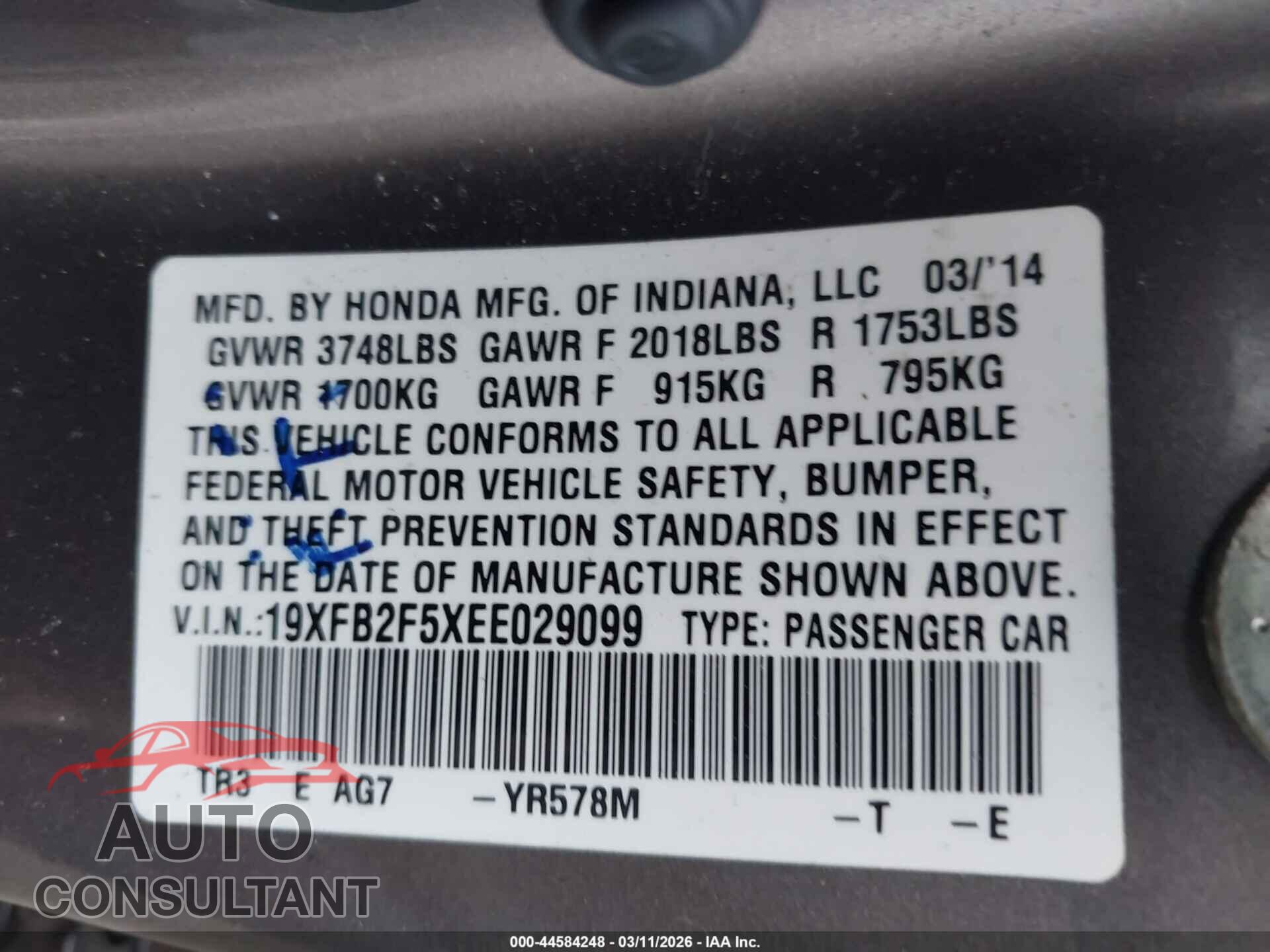 HONDA CIVIC 2014 - 19XFB2F5XEE029099
