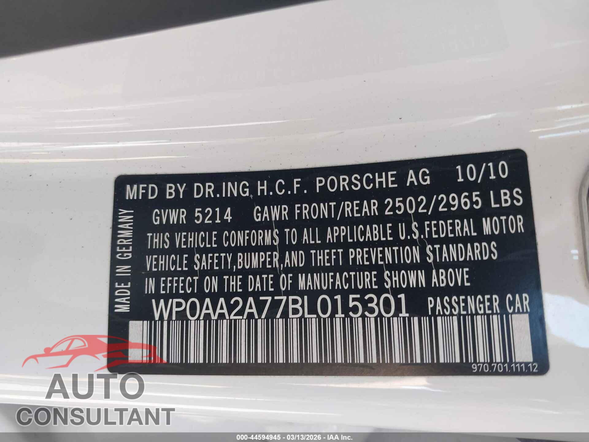 PORSCHE PANAMERA 2011 - WP0AA2A77BL015301