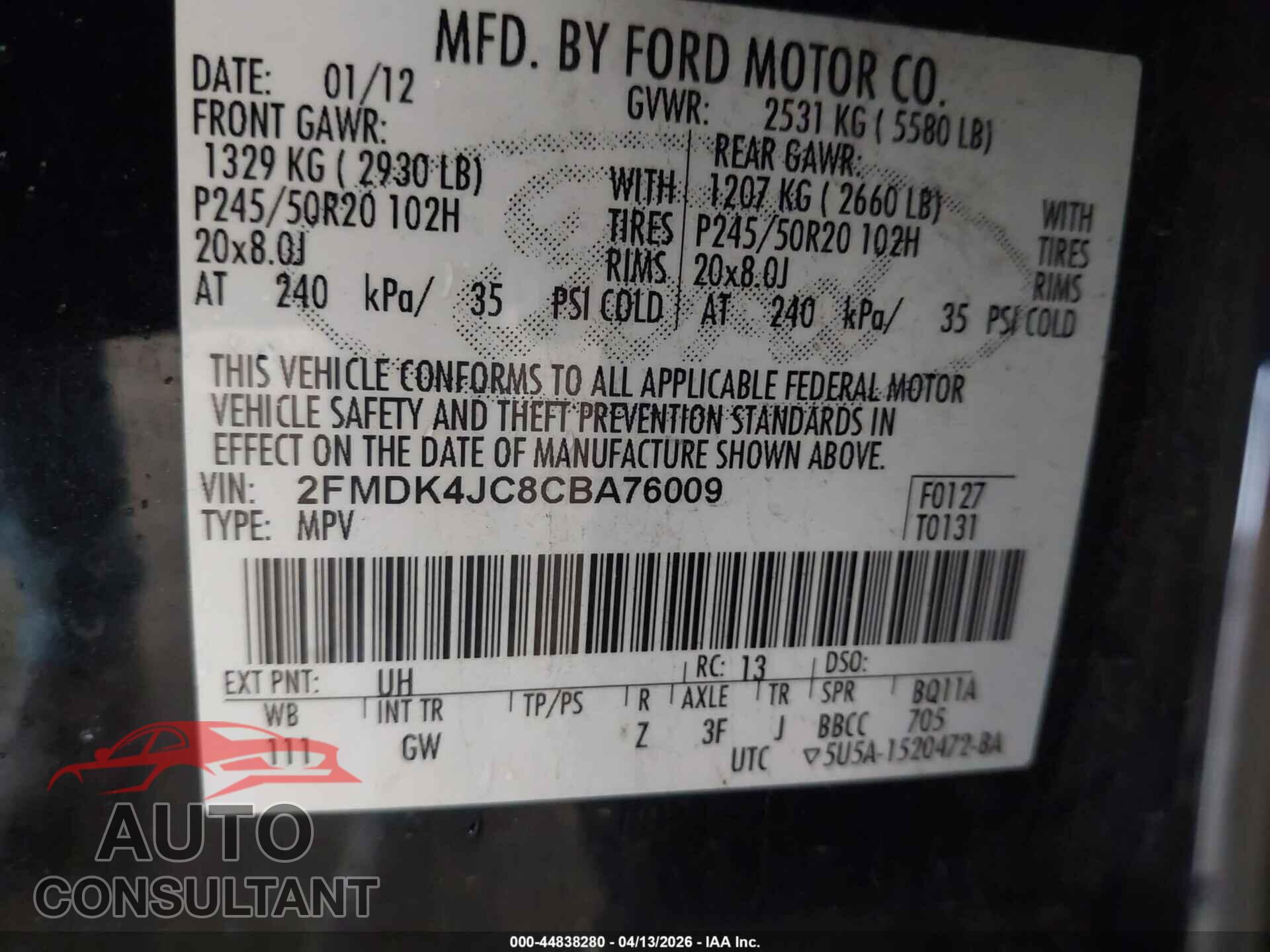 FORD EDGE 2012 - 2FMDK4JC8CBA76009
