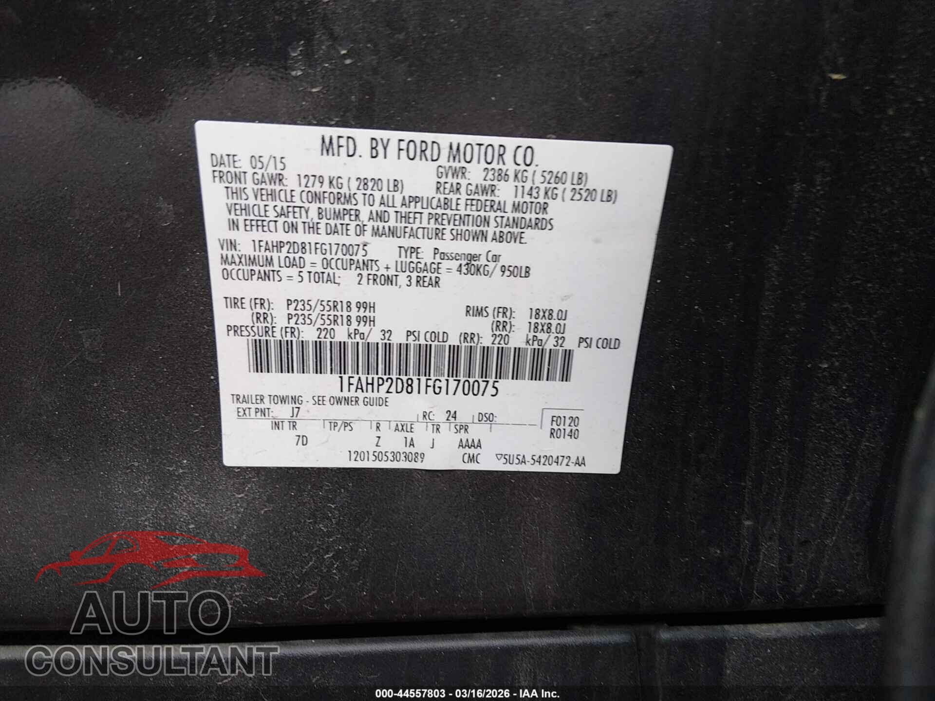 FORD TAURUS 2015 - 1FAHP2D81FG170075