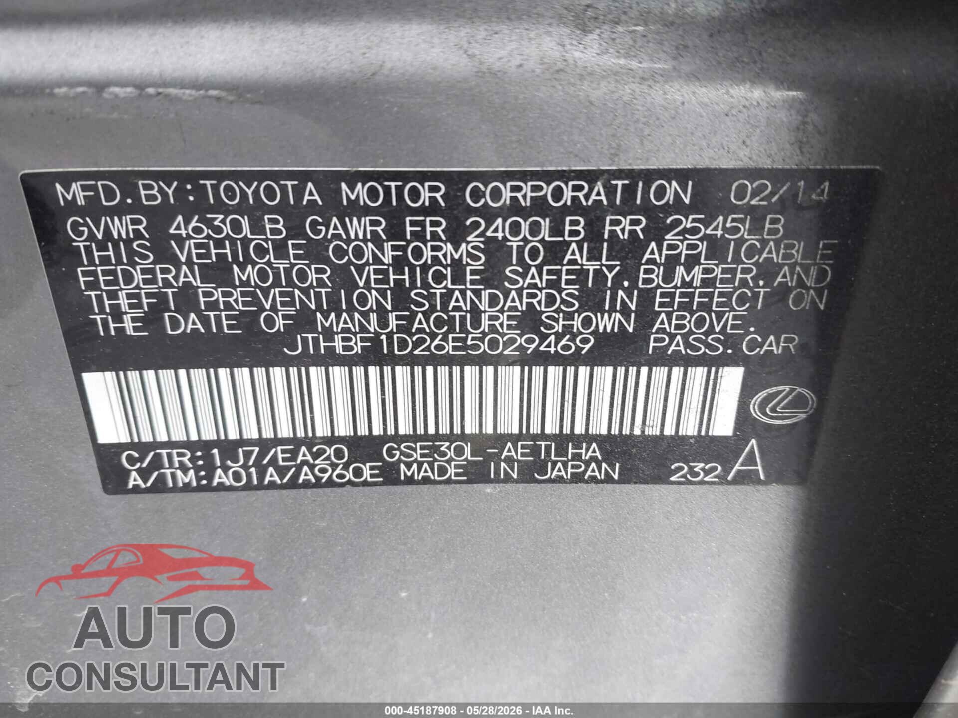 LEXUS IS 250 2014 - JTHBF1D26E5029469
