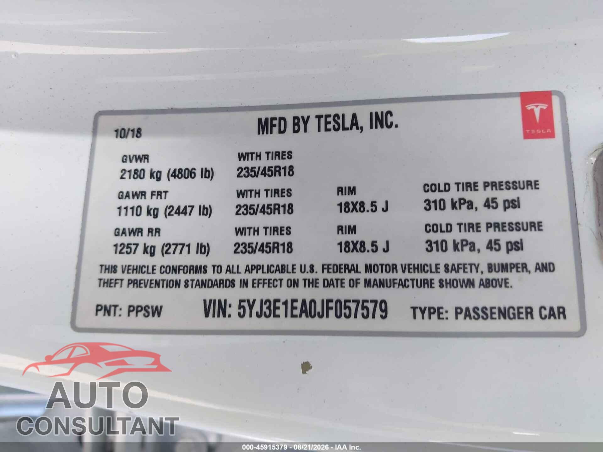 TESLA MODEL 3 2018 - 5YJ3E1EA0JF057579