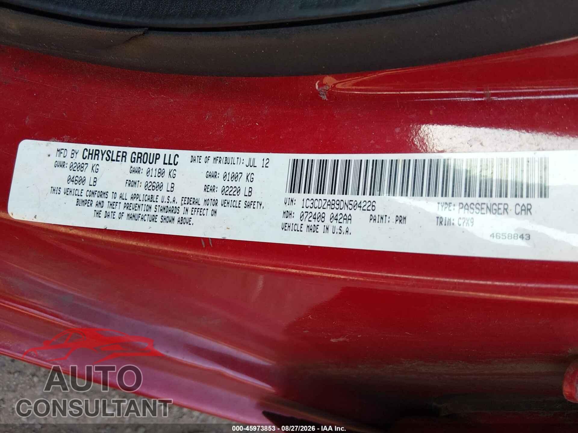 DODGE AVENGER 2013 - 1C3CDZAB9DN504226