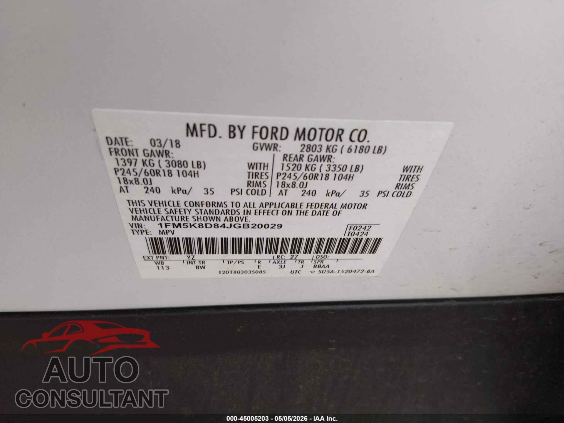 FORD EXPLORER 2018 - 1FM5K8D84JGB20029