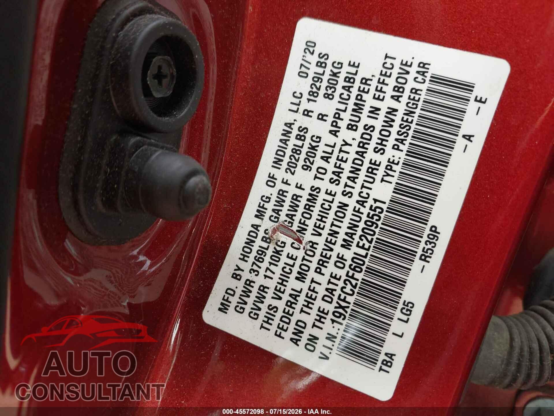 HONDA CIVIC 2020 - 19XFC2F60LE209551