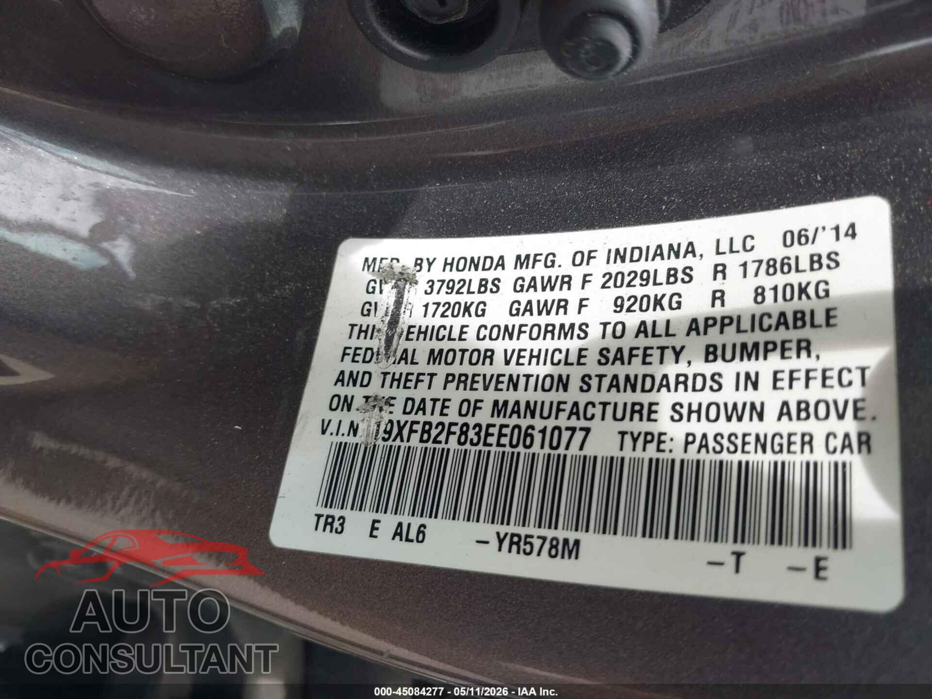 HONDA CIVIC 2014 - 19XFB2F83EE061077