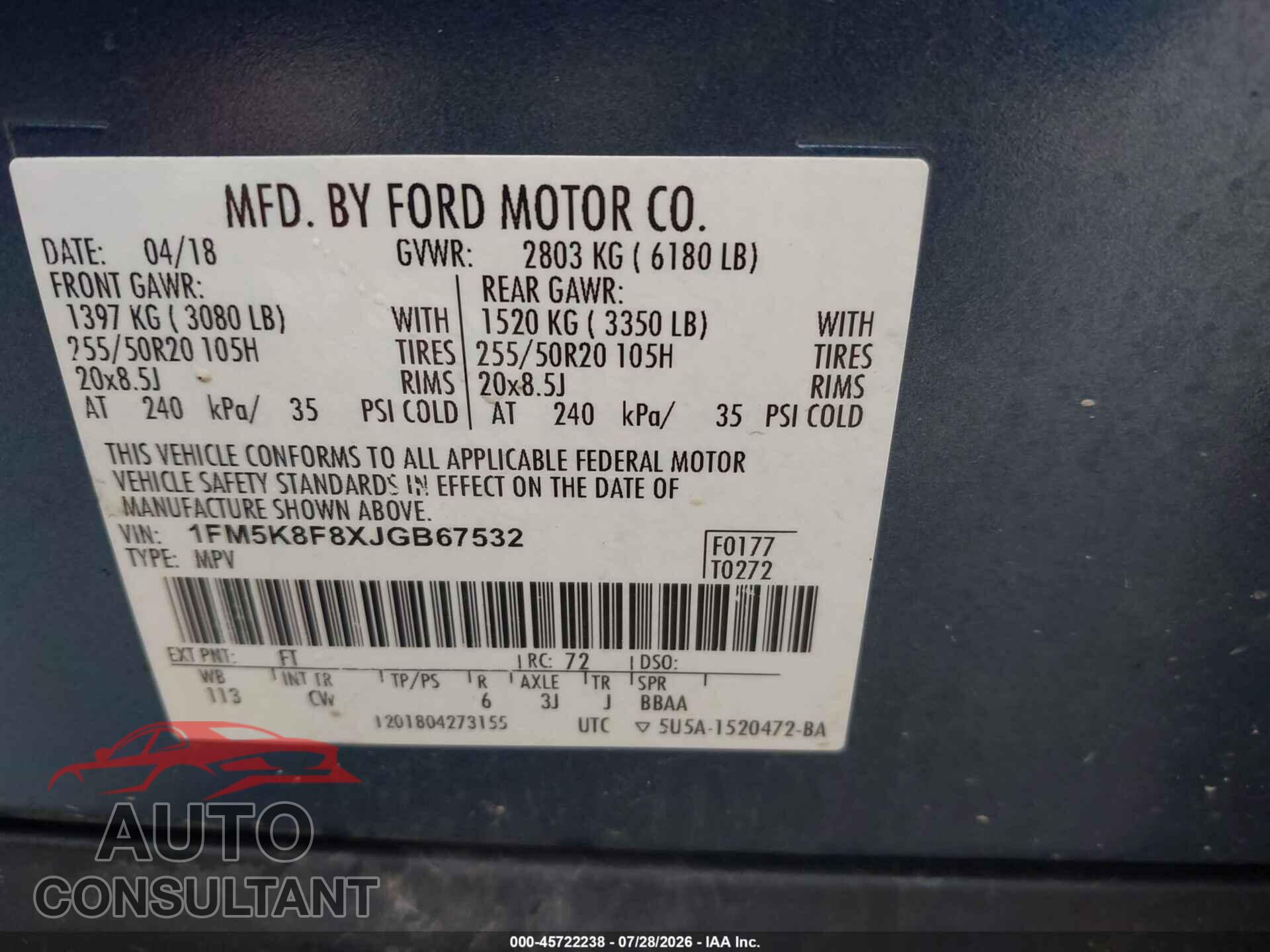 FORD EXPLORER 2018 - 1FM5K8F8XJGB67532