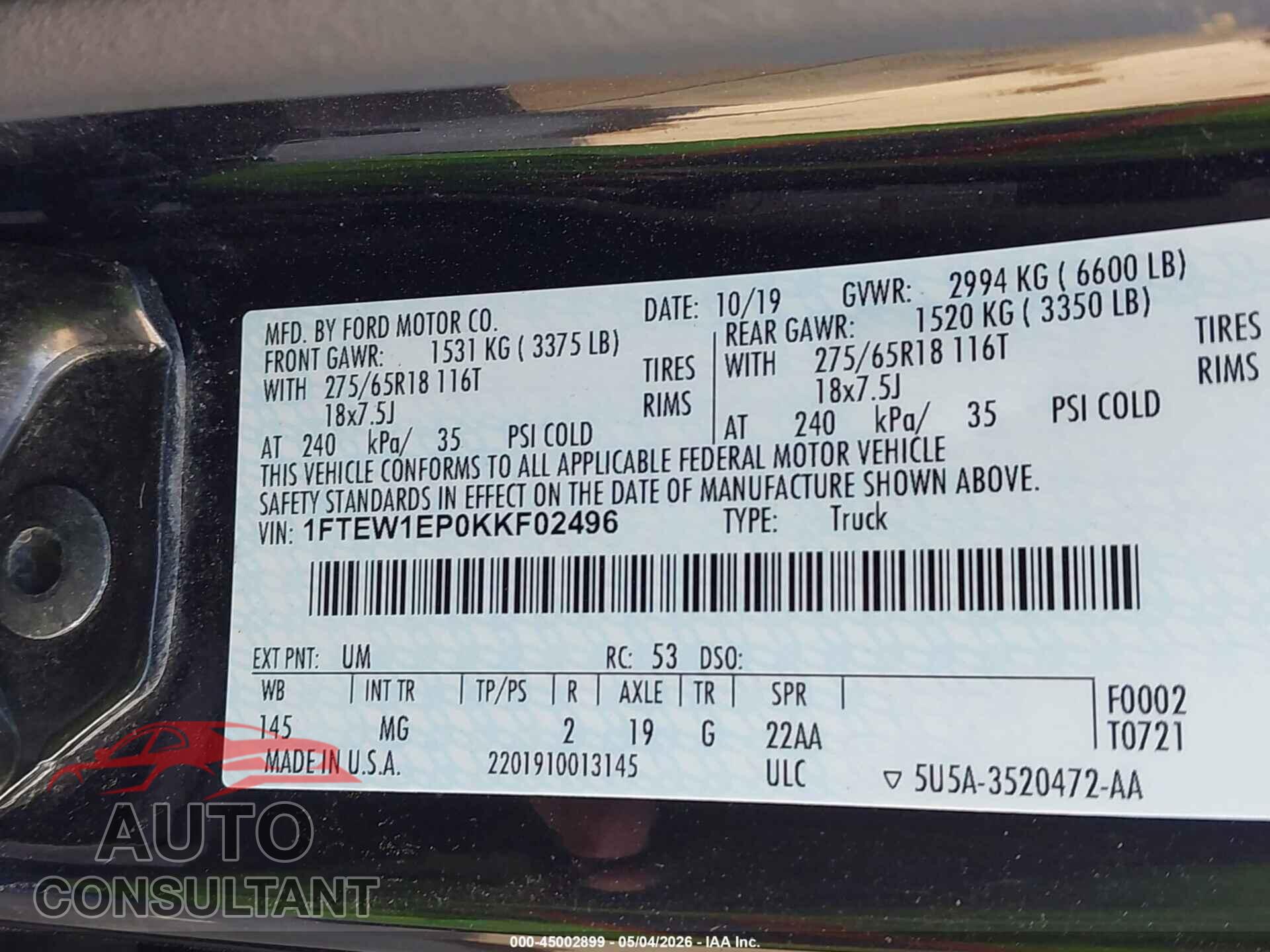 FORD F-150 2019 - 1FTEW1EP0KKF02496