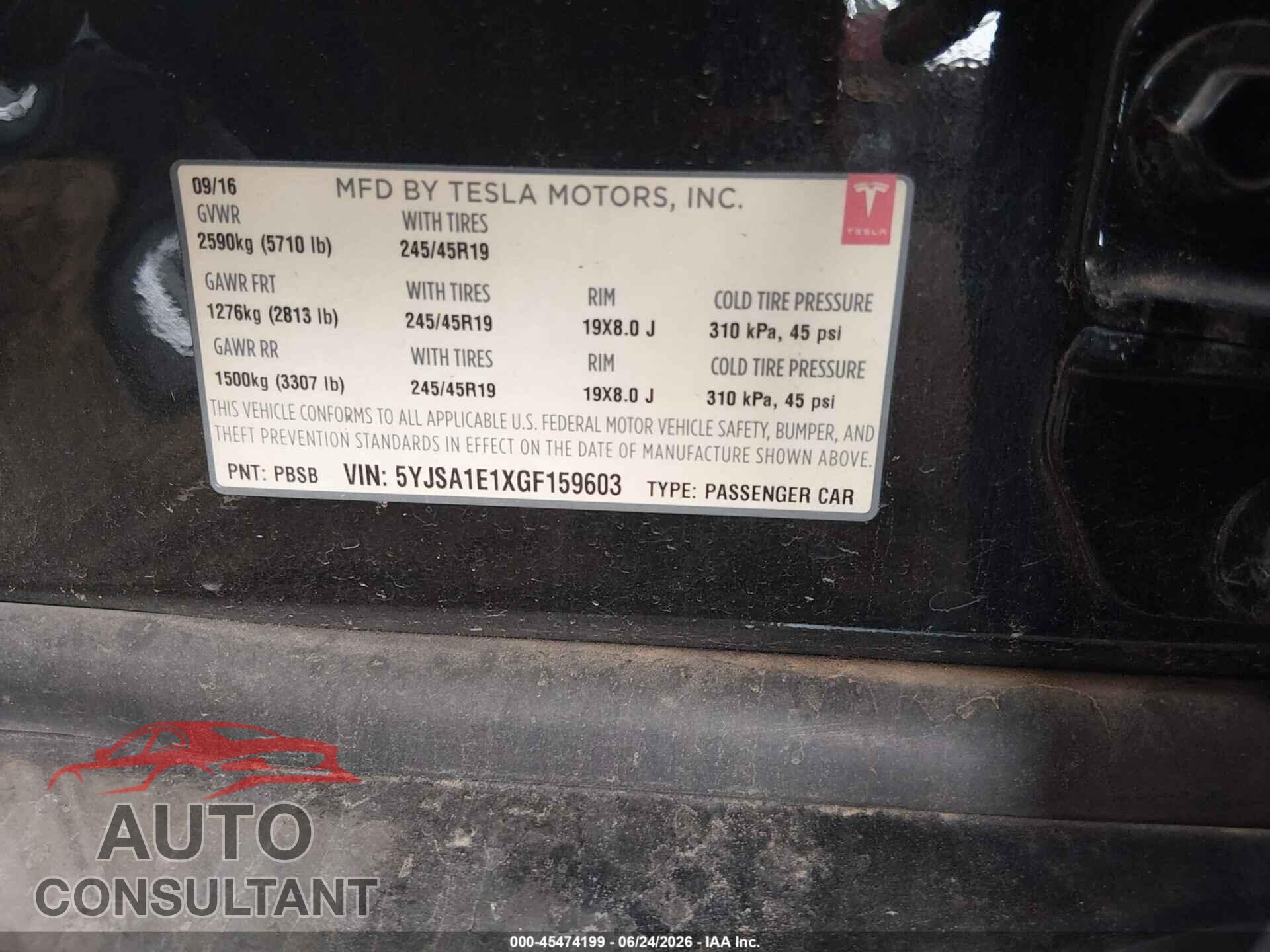 TESLA MODEL S 2016 - 5YJSA1E1XGF159603