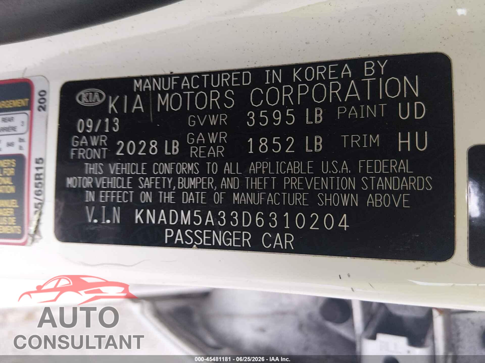 KIA RIO 2013 - KNADM5A33D6310204