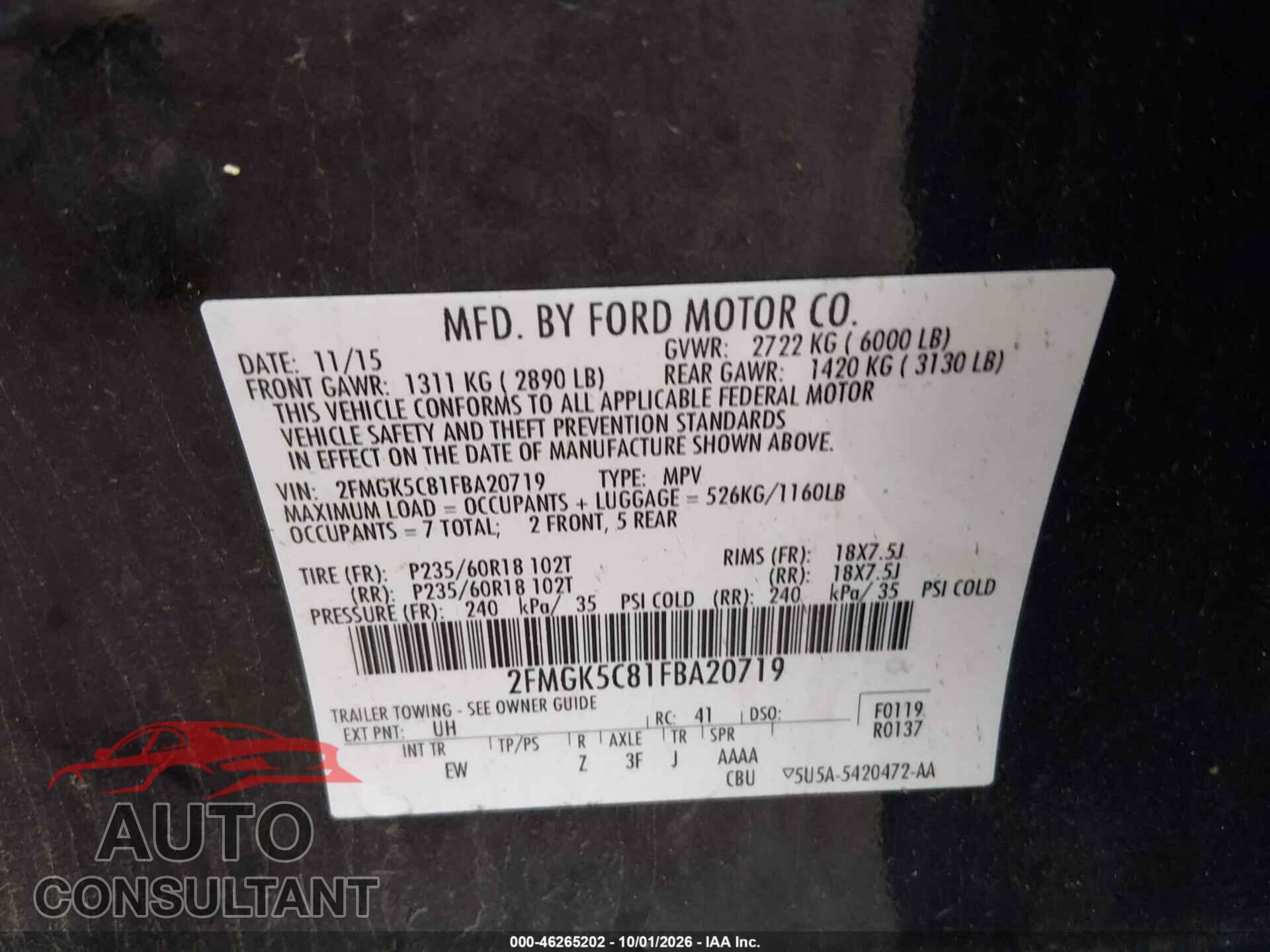 FORD FLEX 2015 - 2FMGK5C81FBA20719
