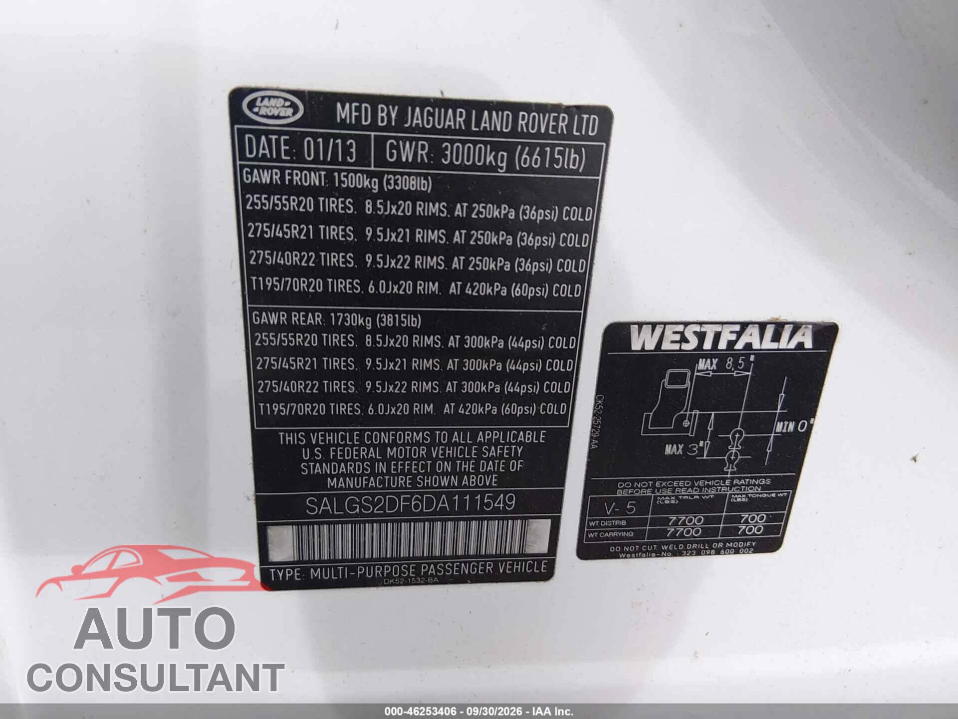LAND ROVER RANGE ROVER 2013 - SALGS2DF6DA111549