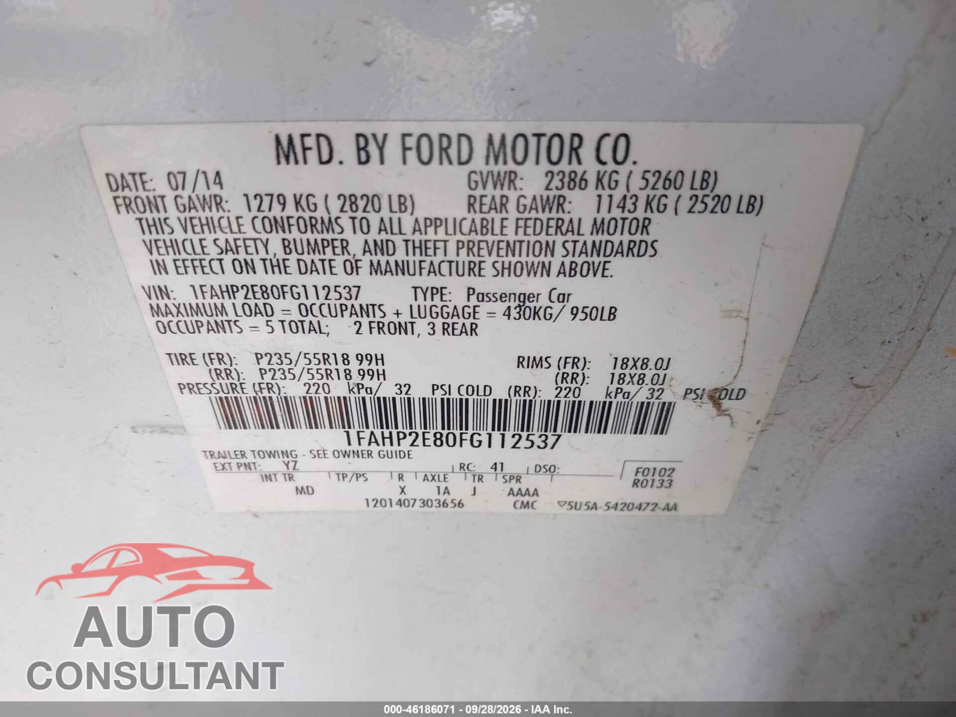 FORD TAURUS 2015 - 1FAHP2E80FG112537
