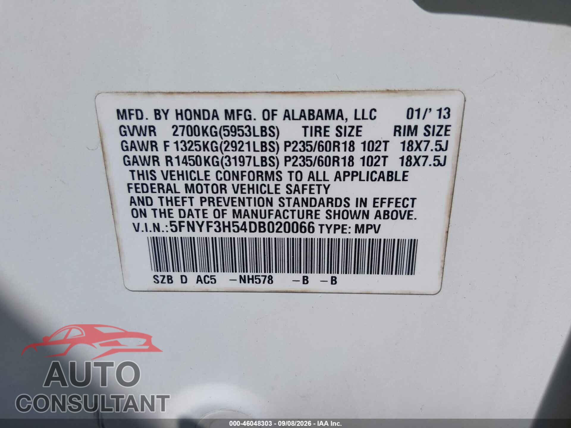 HONDA PILOT 2013 - 5FNYF3H54DB020066