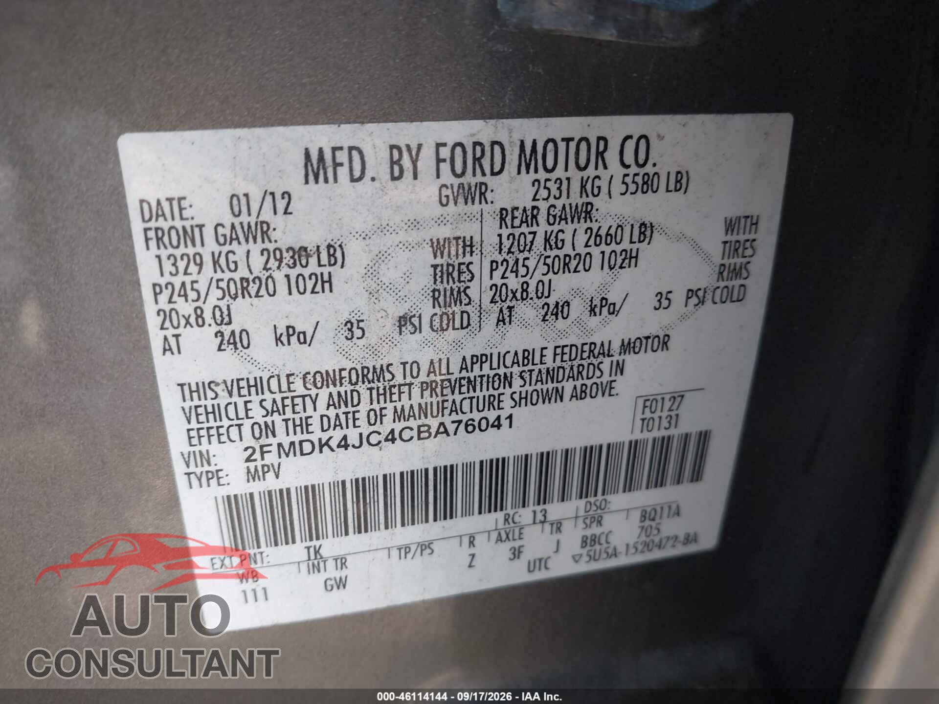 FORD EDGE 2012 - 2FMDK4JC4CBA76041