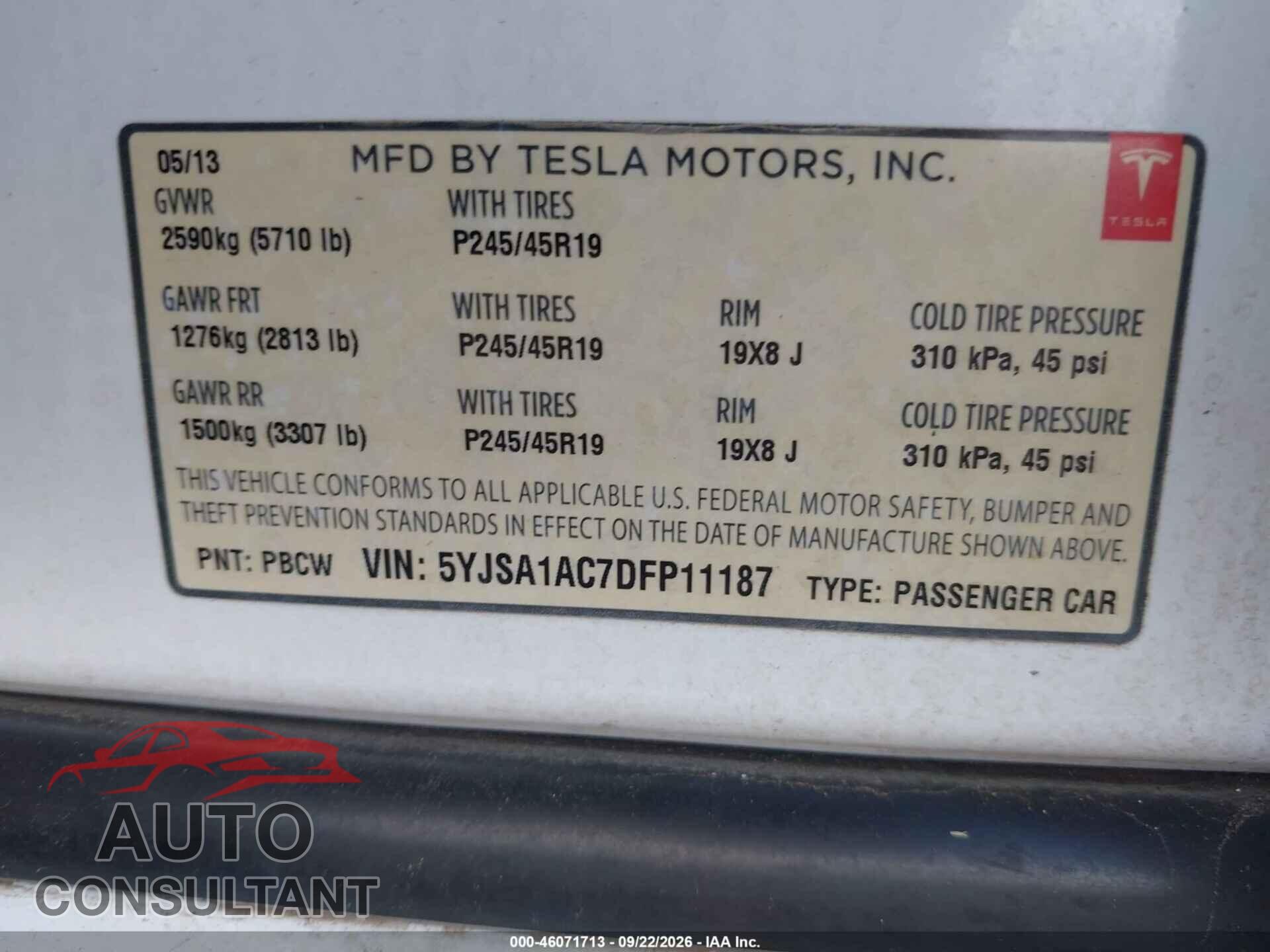 TESLA MODEL S 2013 - 5YJSA1AC7DFP11187