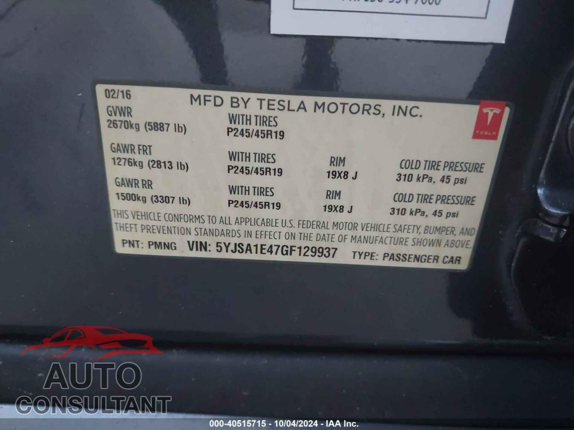 TESLA MODEL S 2016 - 5YJSA1E47GF129937