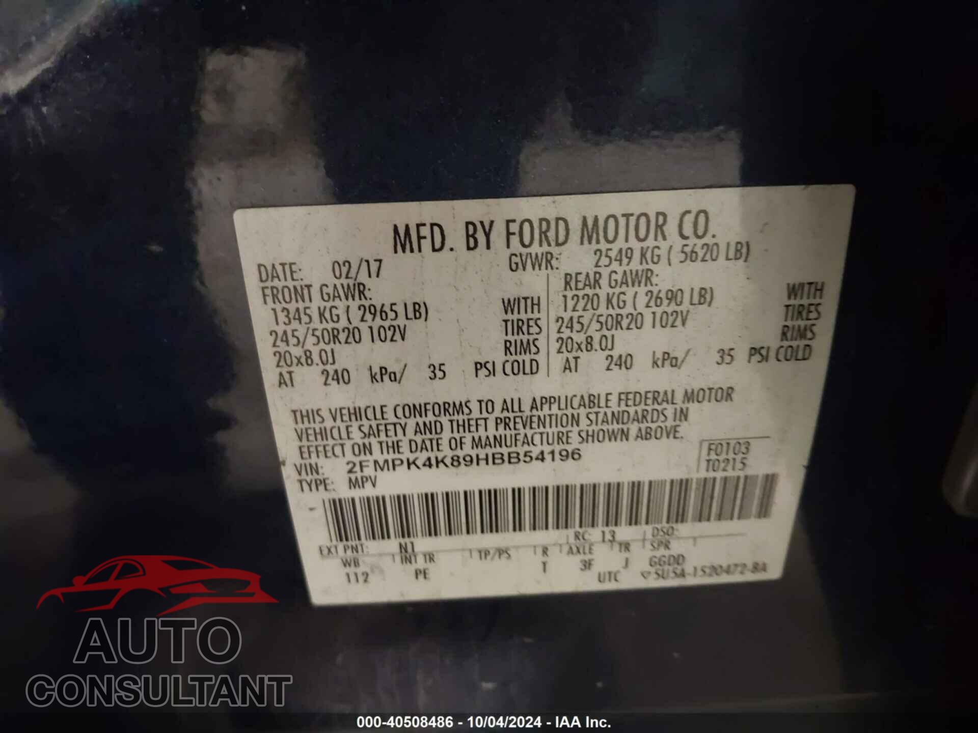 FORD EDGE 2017 - 2FMPK4K89HBB54196