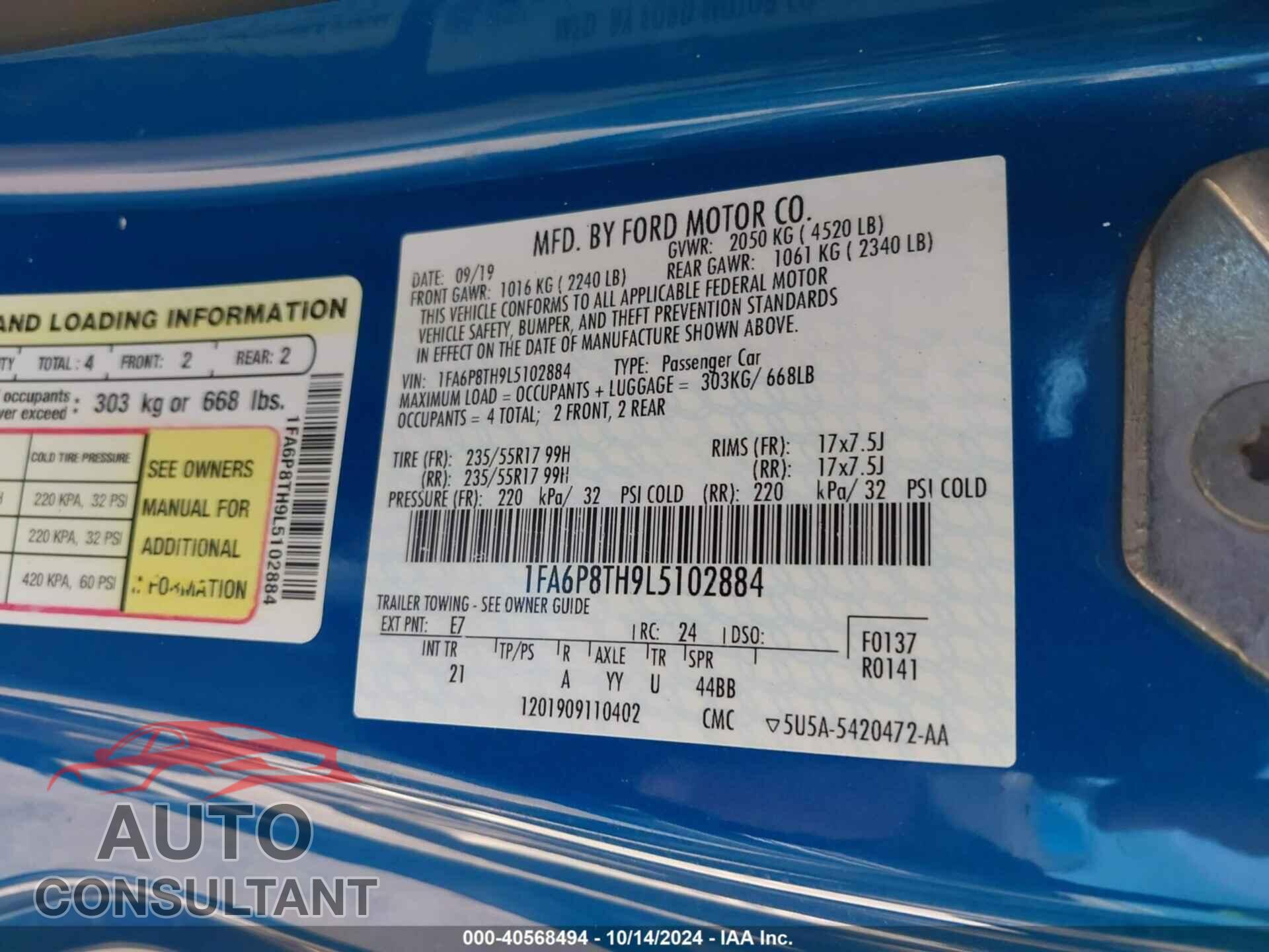 FORD MUSTANG 2020 - 1FA6P8TH9L5102884