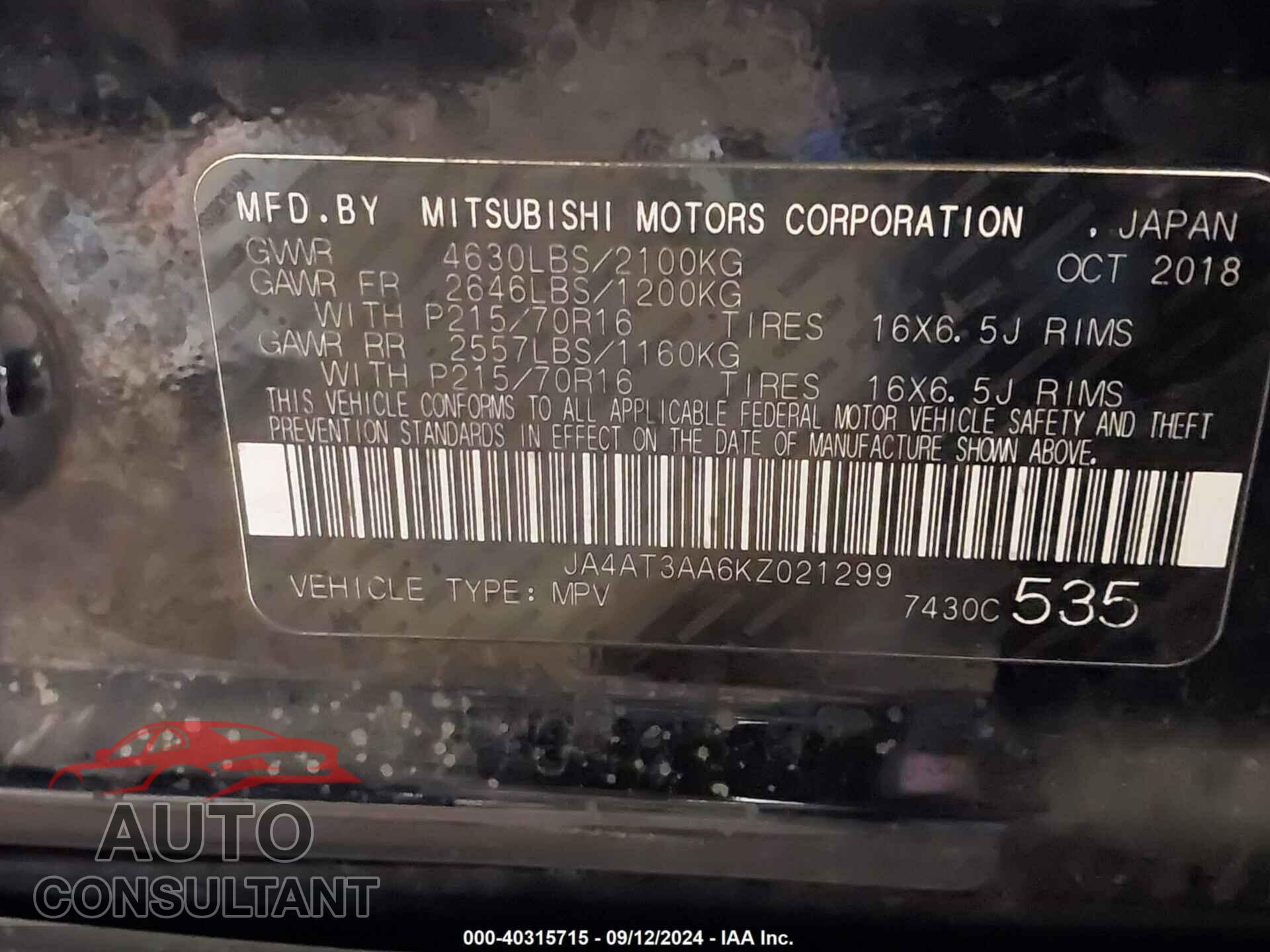 MITSUBISHI ECLIPSE CROSS 2019 - JA4AT3AA6KZ021299