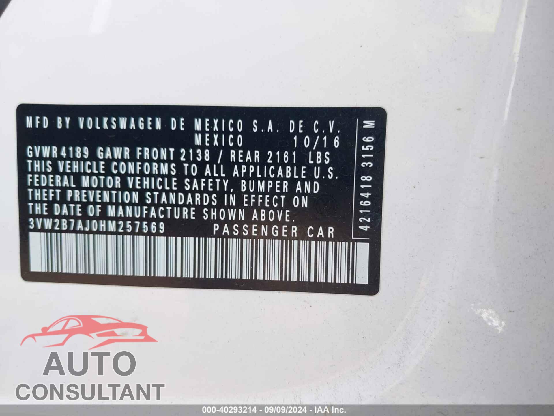 VOLKSWAGEN JETTA 2017 - 3VW2B7AJ0HM257569