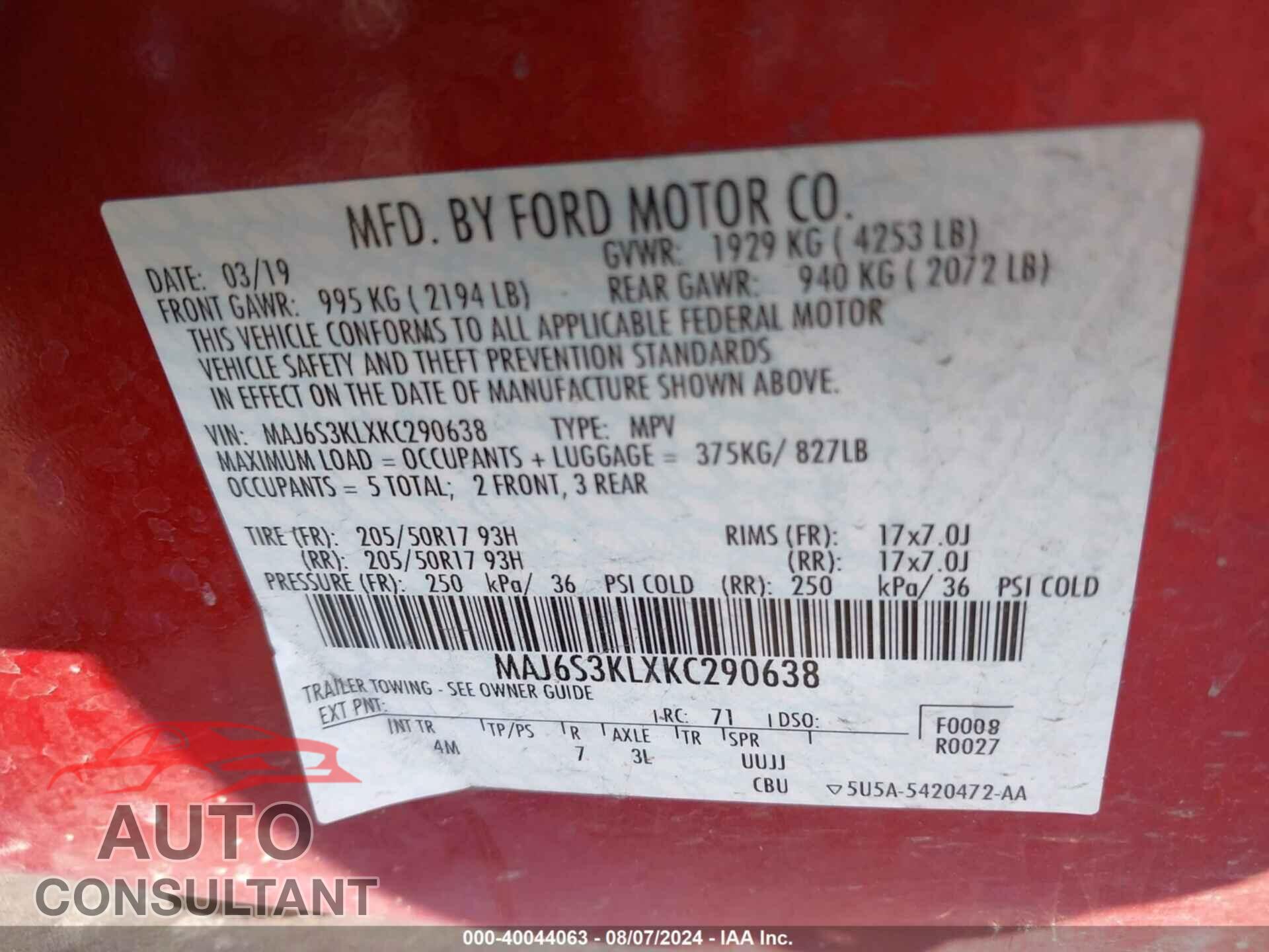 FORD ECOSPORT 2019 - MAJ6S3KLXKC290638