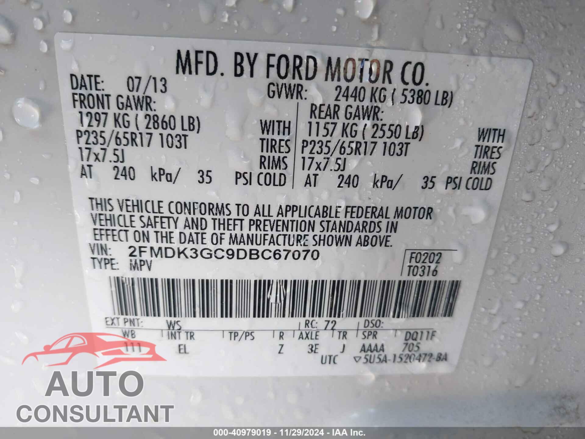 FORD EDGE 2013 - 2FMDK3GC9DBC67070