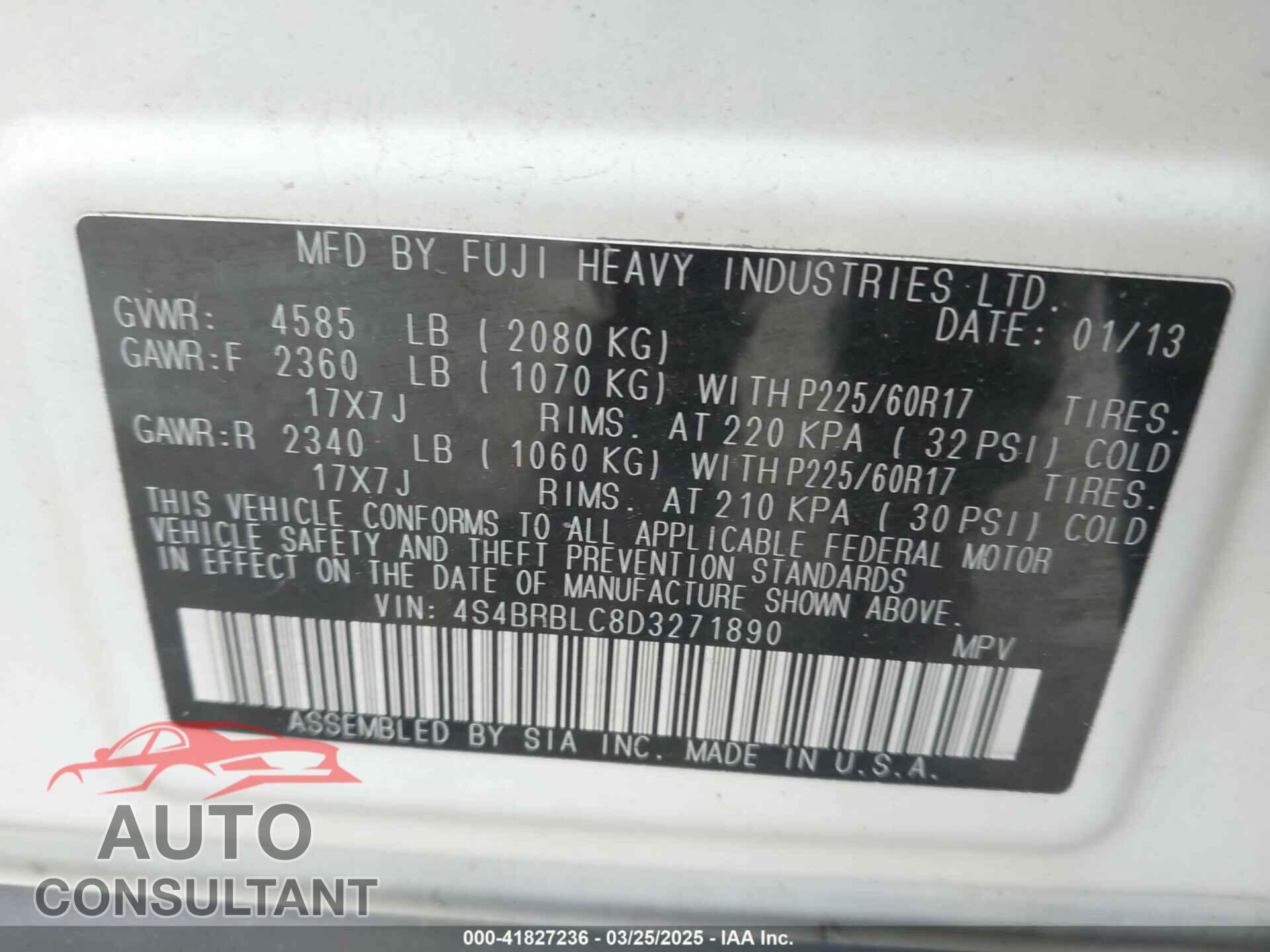 SUBARU OUTBACK 2013 - 4S4BRBLC8D3271890