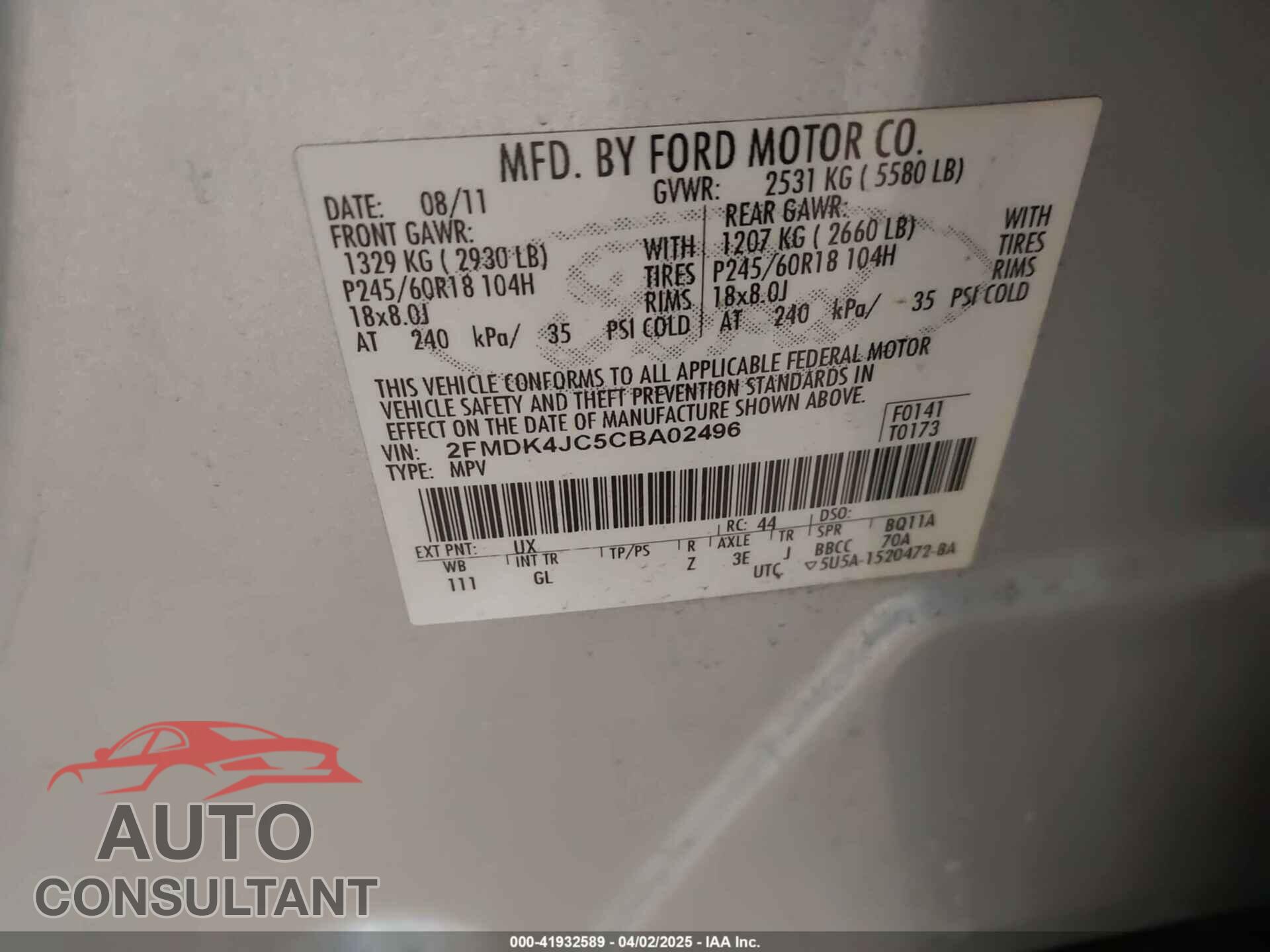 FORD EDGE 2012 - 2FMDK4JC5CBA02496