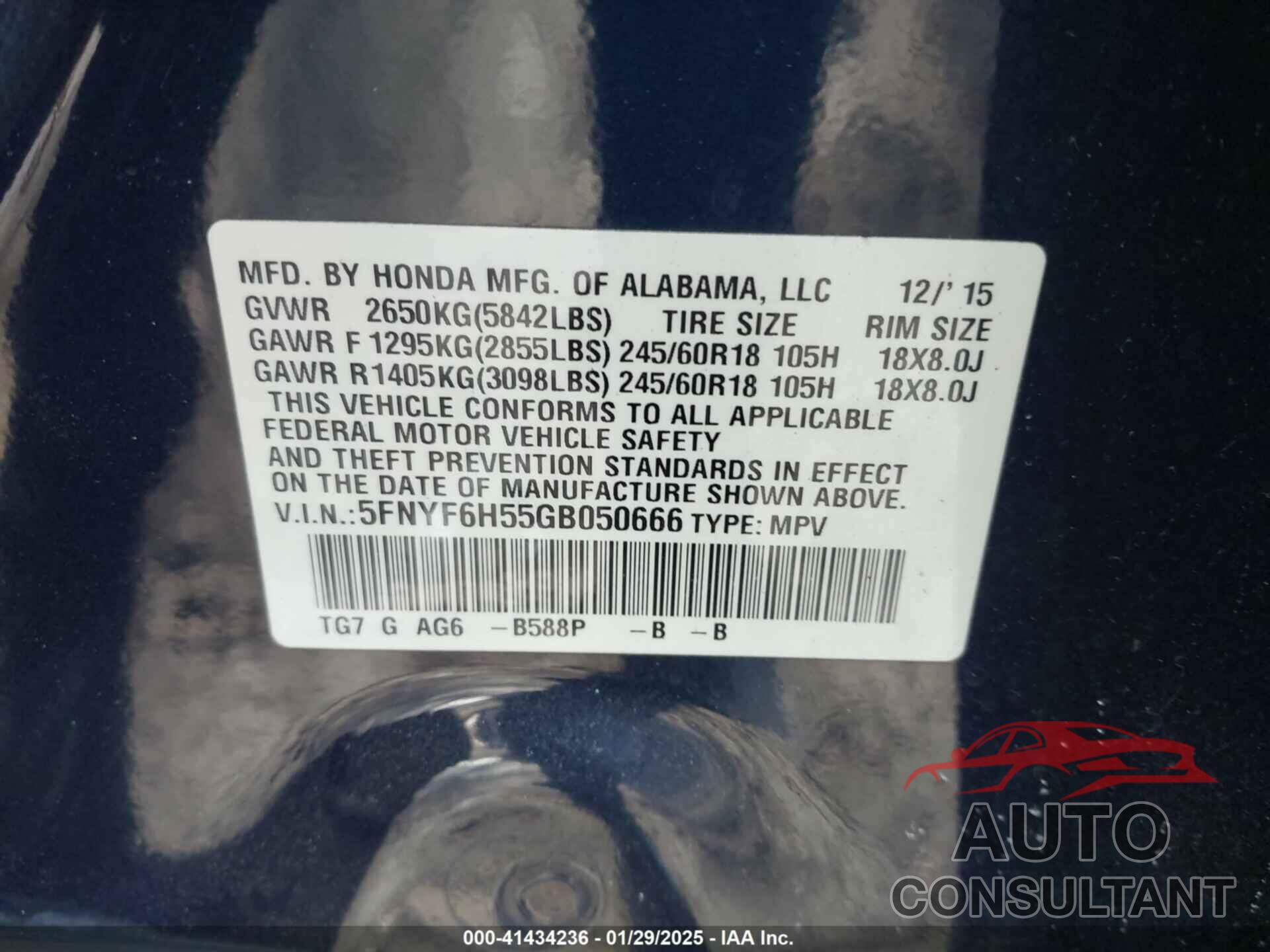 HONDA PILOT 2016 - 5FNYF6H55GB050666