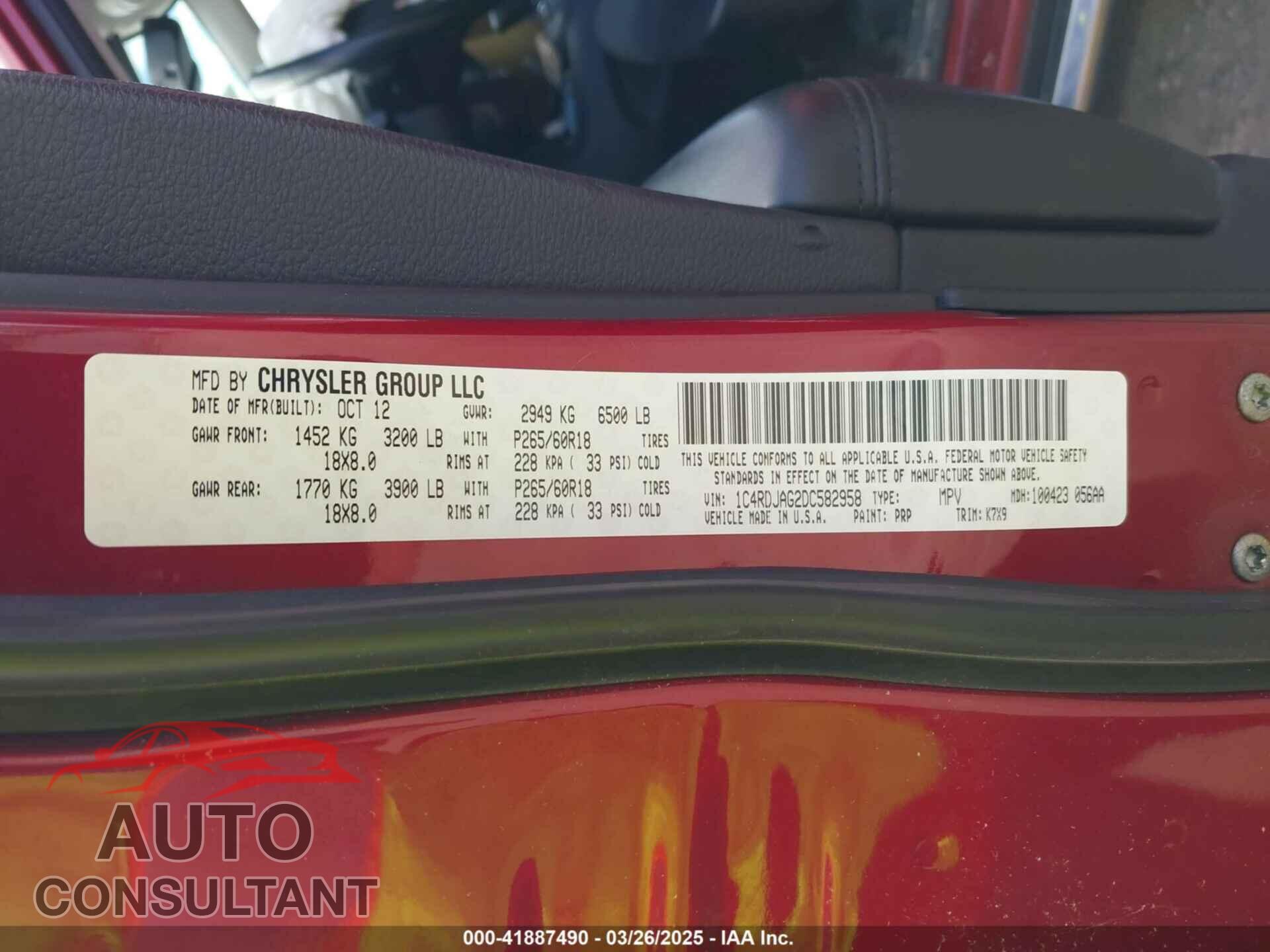 DODGE DURANGO 2013 - 1C4RDJAG2DC582958