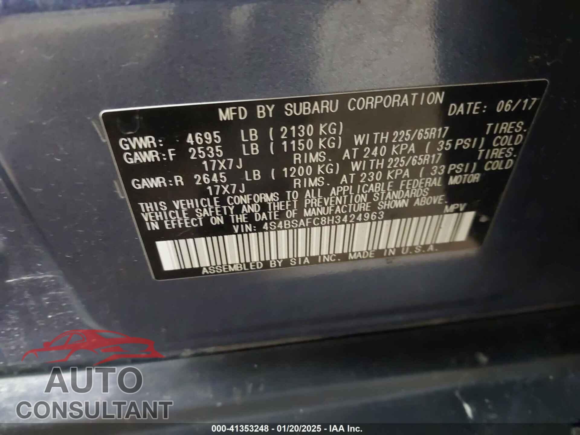 SUBARU OUTBACK 2017 - 4S4BSAFC8H3424963