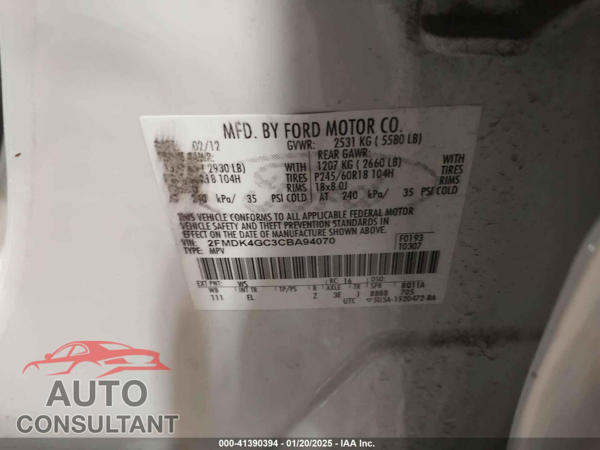 FORD EDGE 2012 - 2FMDK4GC3CBA94070
