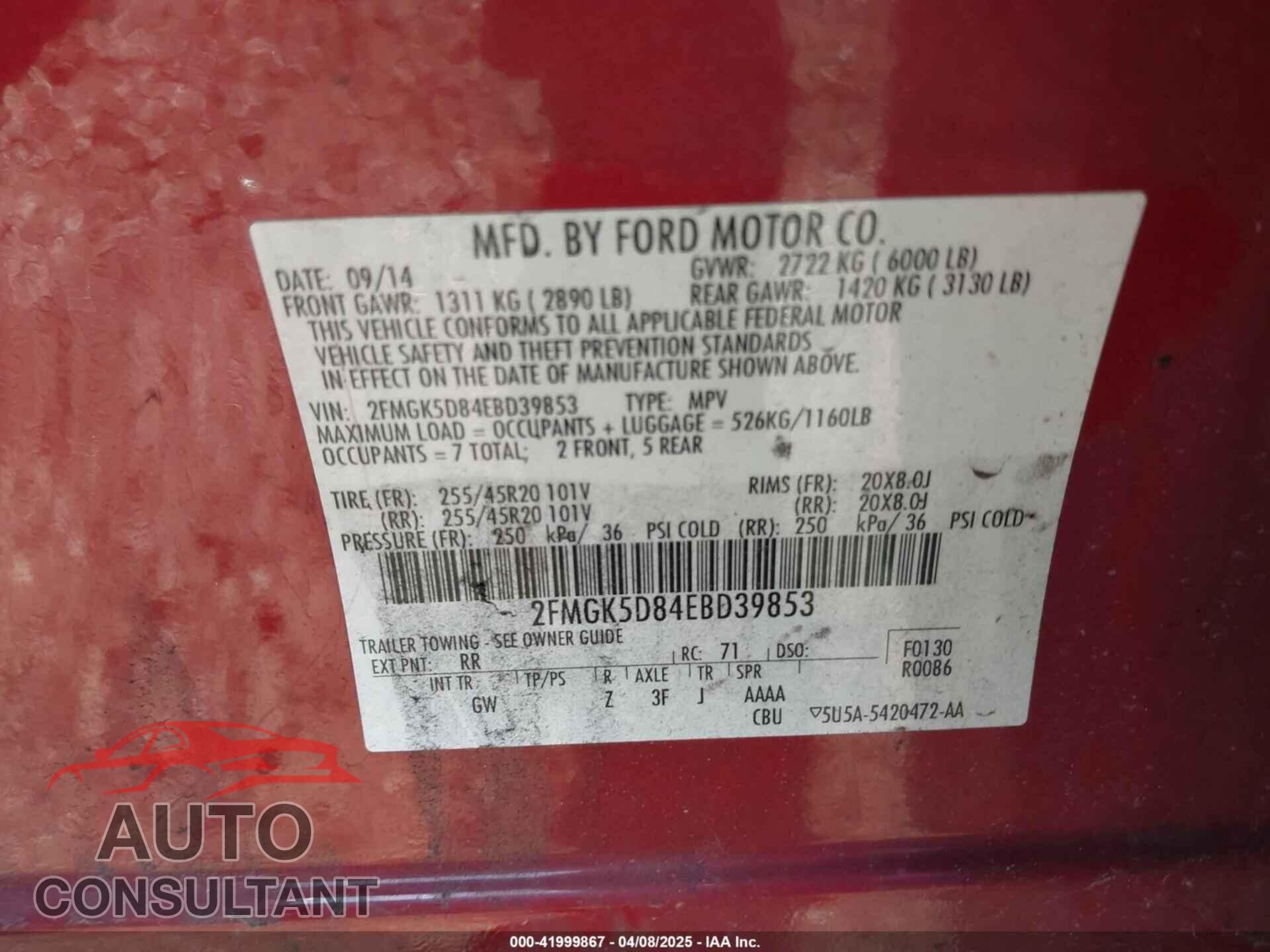 FORD FLEX 2014 - 2FMGK5D84EBD39853