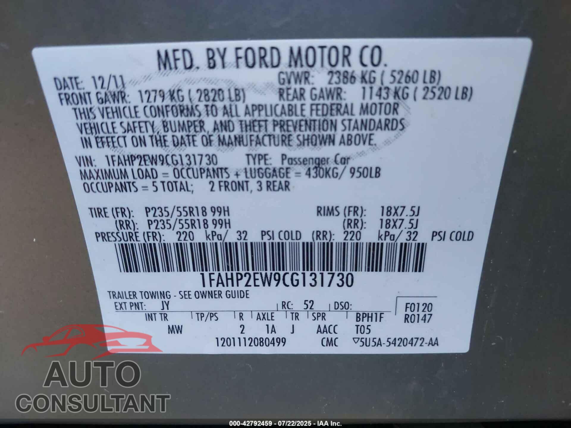 FORD TAURUS 2012 - 1FAHP2EW9CG131730