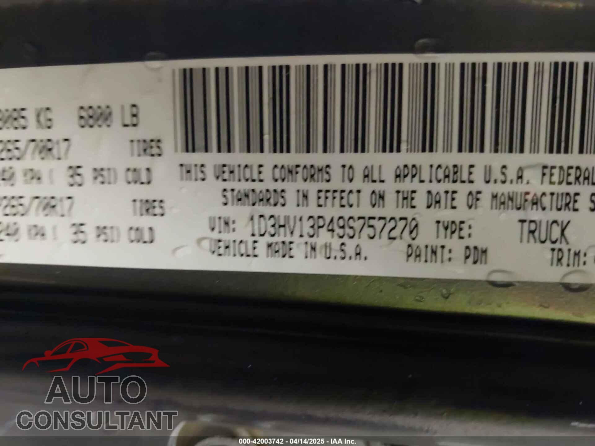 DODGE RAM 1500 2009 - 1D3HV13P49S757270