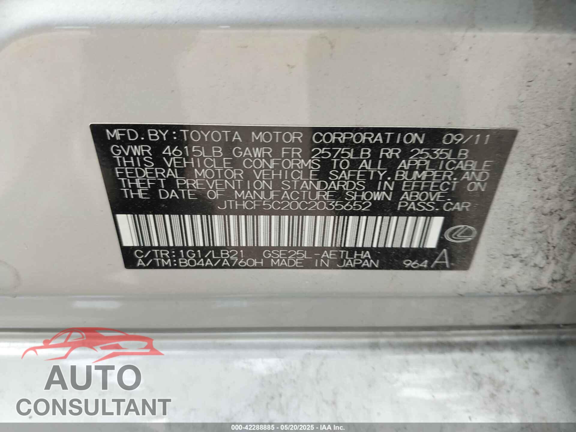 LEXUS IS 250 2012 - JTHCF5C20C2035652
