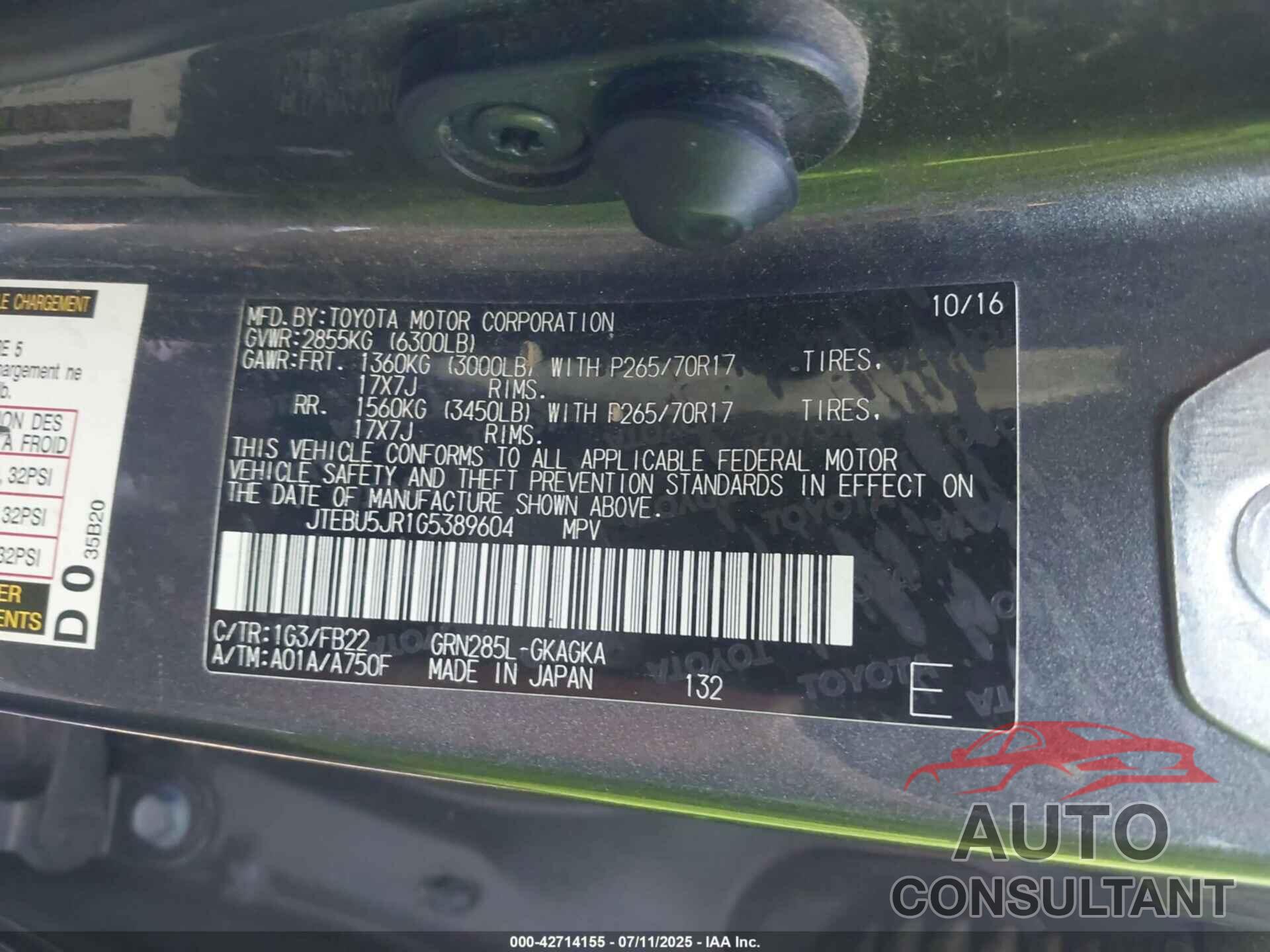 TOYOTA 4RUNNER 2016 - JTEBU5JR1G5389604